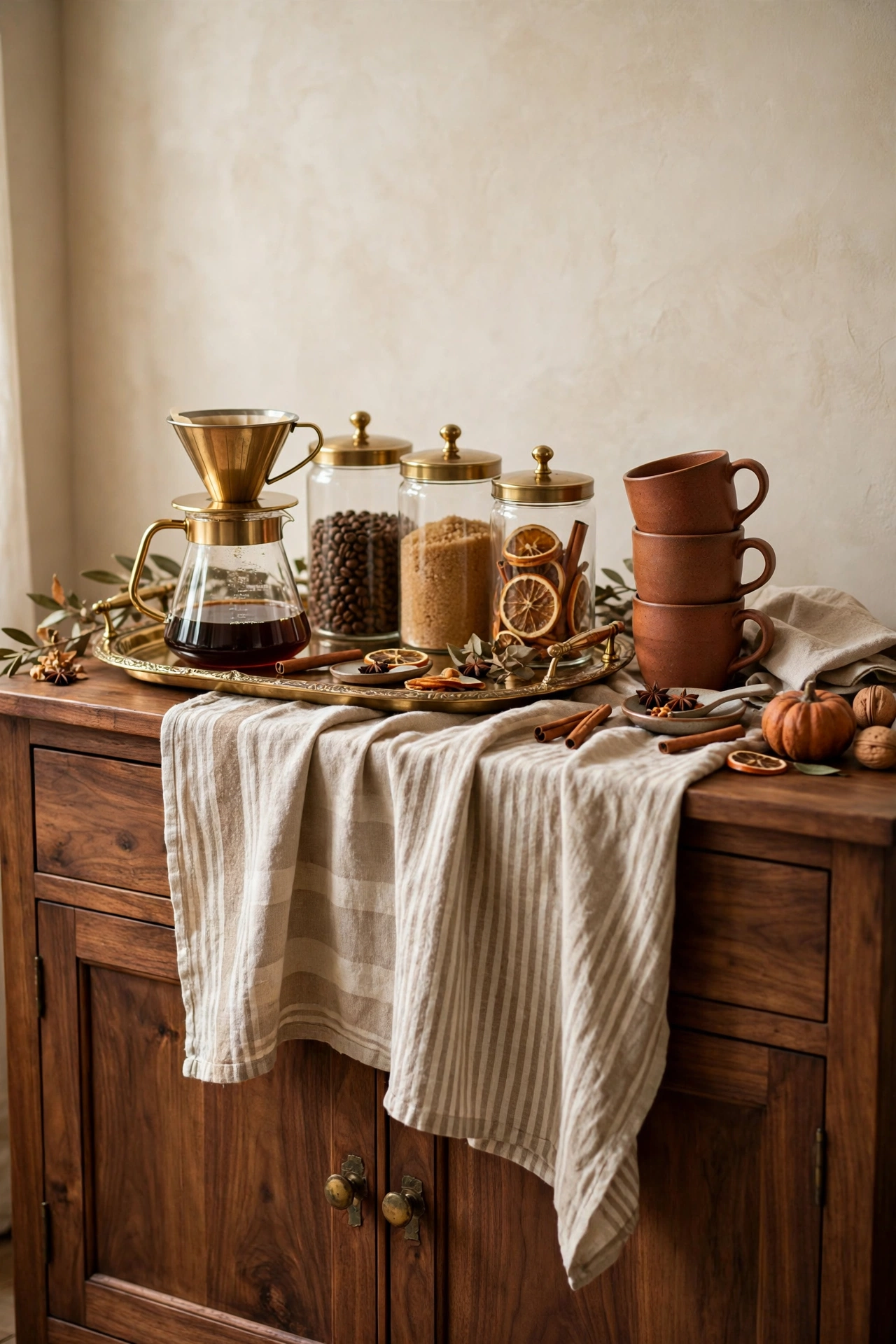Striped oatmeal linen runner under a styled fall coffee bar on a warm wood sideboard.