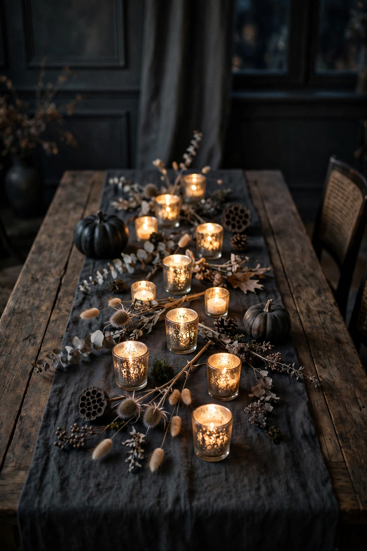 Mercury glass votives scattered down a dining table catching warm candlelight.