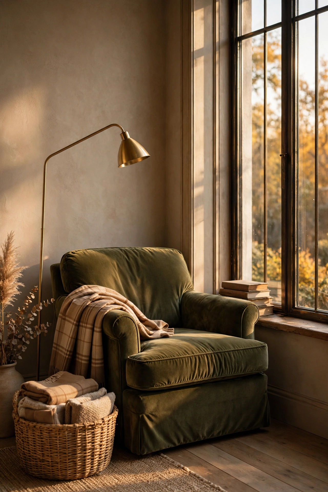 Olive green velvet reading chair by a tall window with a brass floor lamp and a basket of throws.