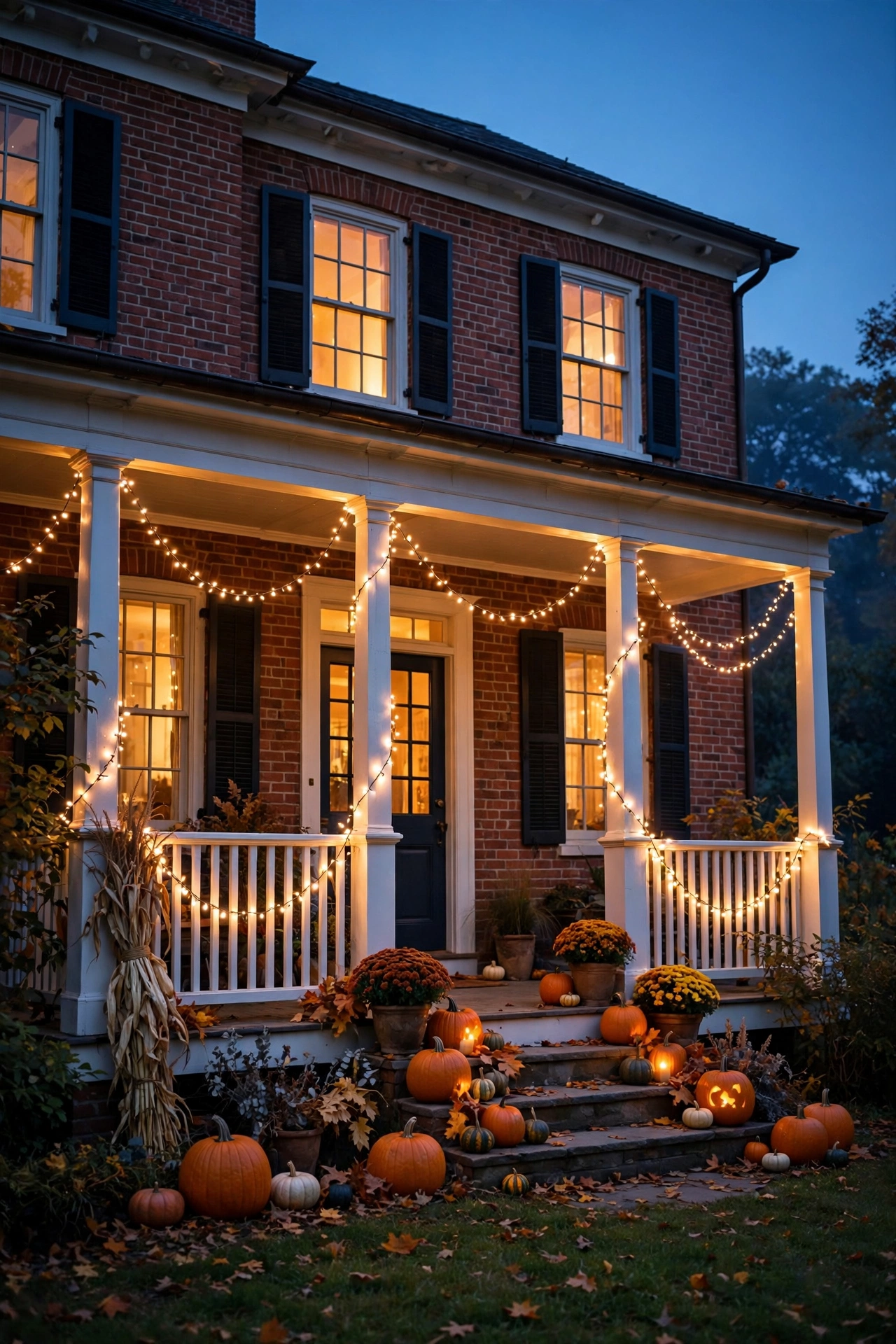 Colonial brick porch at dusk with warm white fairy lights draped loosely around the white railing.