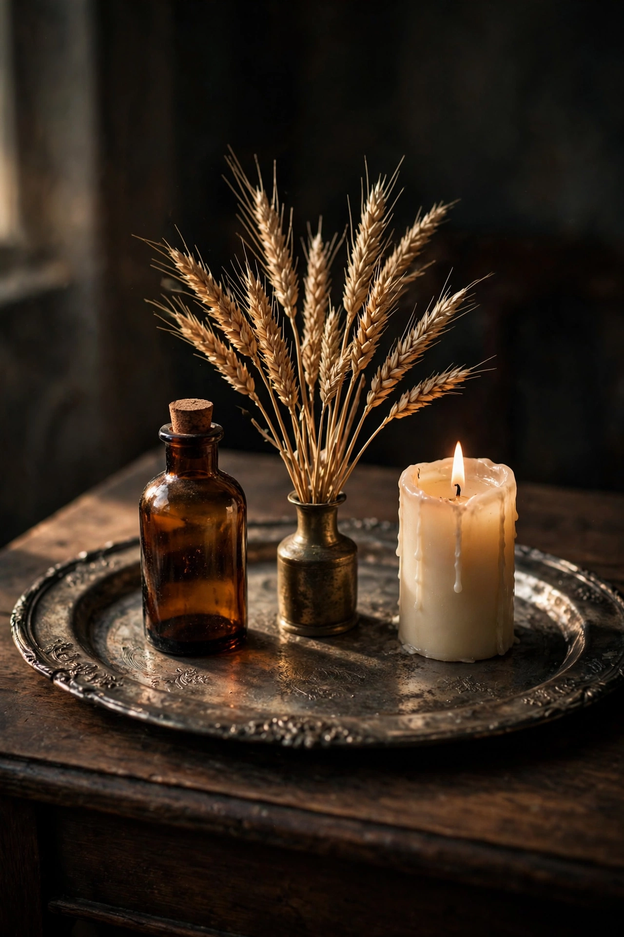 Thrifted silver tray styled with a black taper candle, dried botanicals and a small pumpkin.