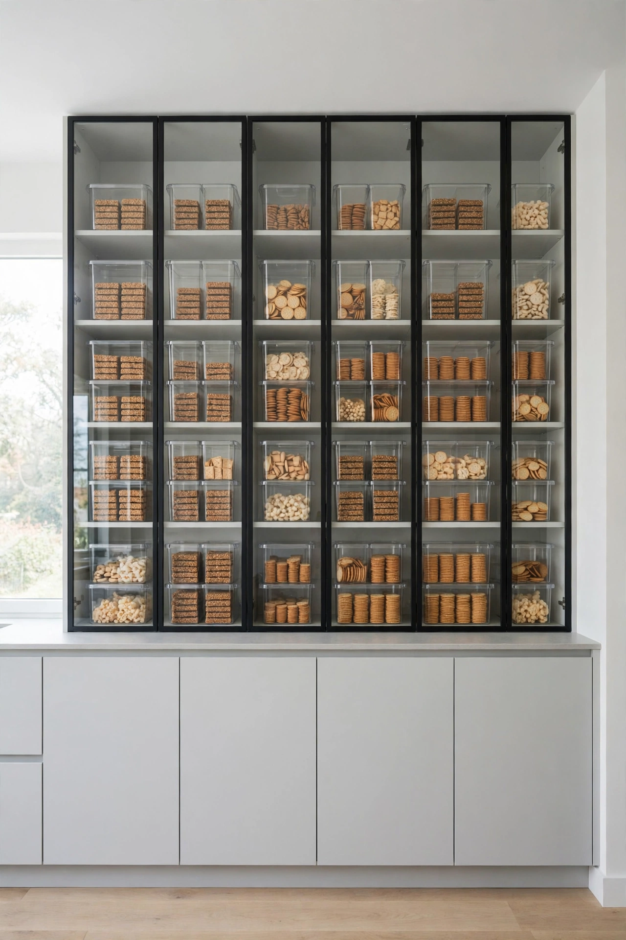 Pantry shelf with stackable clear bins holding granola bars, packets, and pouches