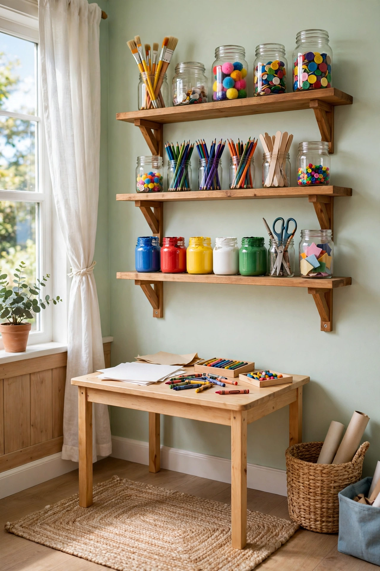 Kids craft room with high wall-mounted shelves of art supplies above a small craft table.