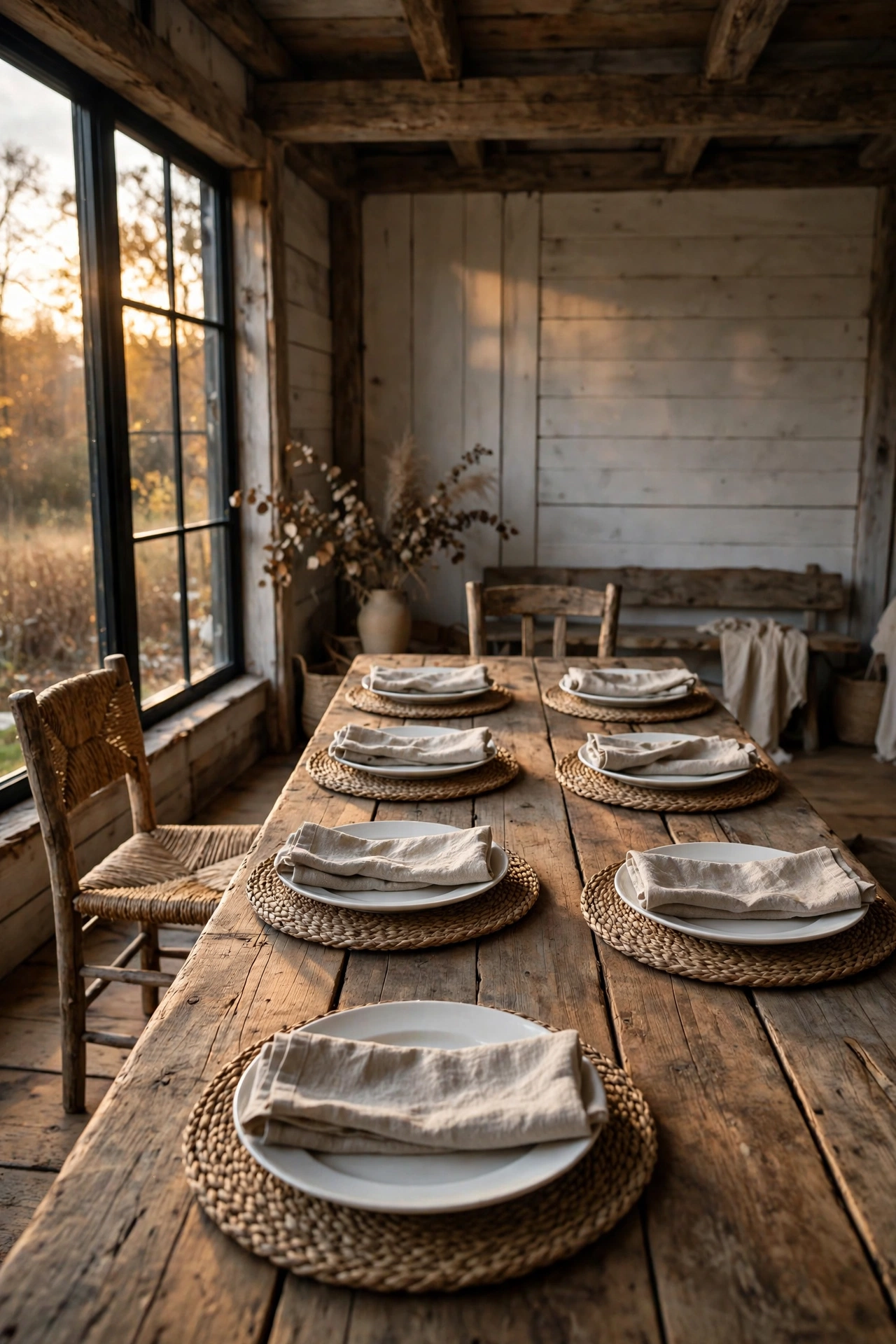 Rustic barn dining room with a long wood table set with woven seagrass chargers under white dinner plates.