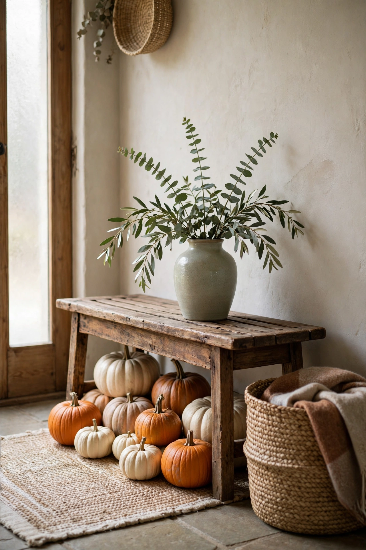 Pumpkin and eucalyptus entryway vignette on a wooden bench