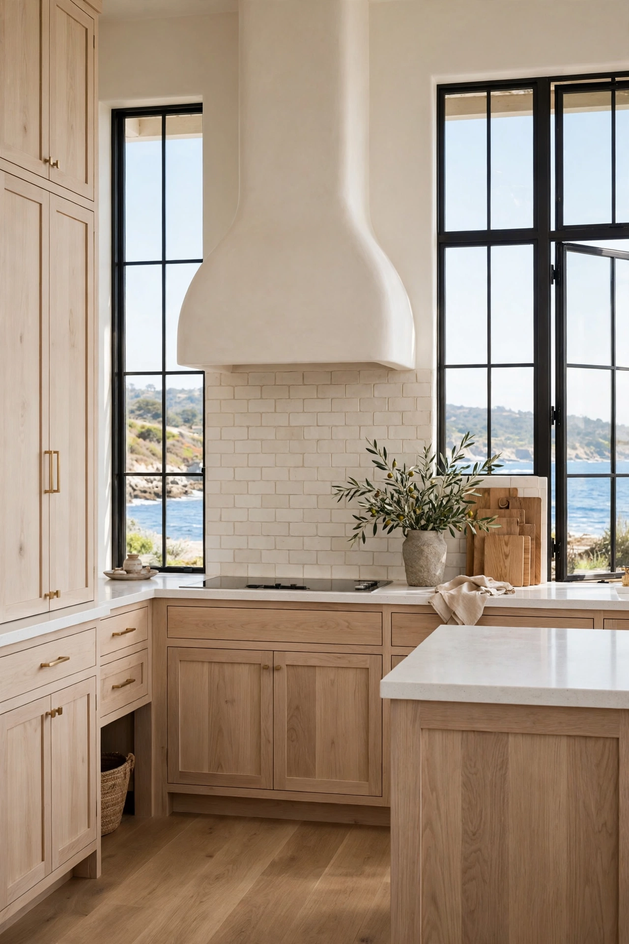 All pale white oak kitchen with curved plaster range hood and tall black framed windows.