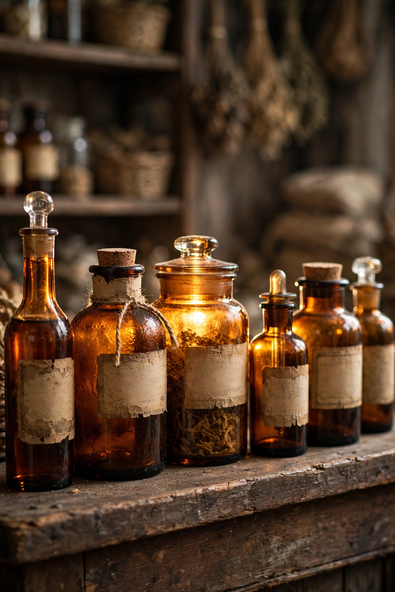 Amber glass bottles of different shapes grouped on a shelf like an old apothecary display.