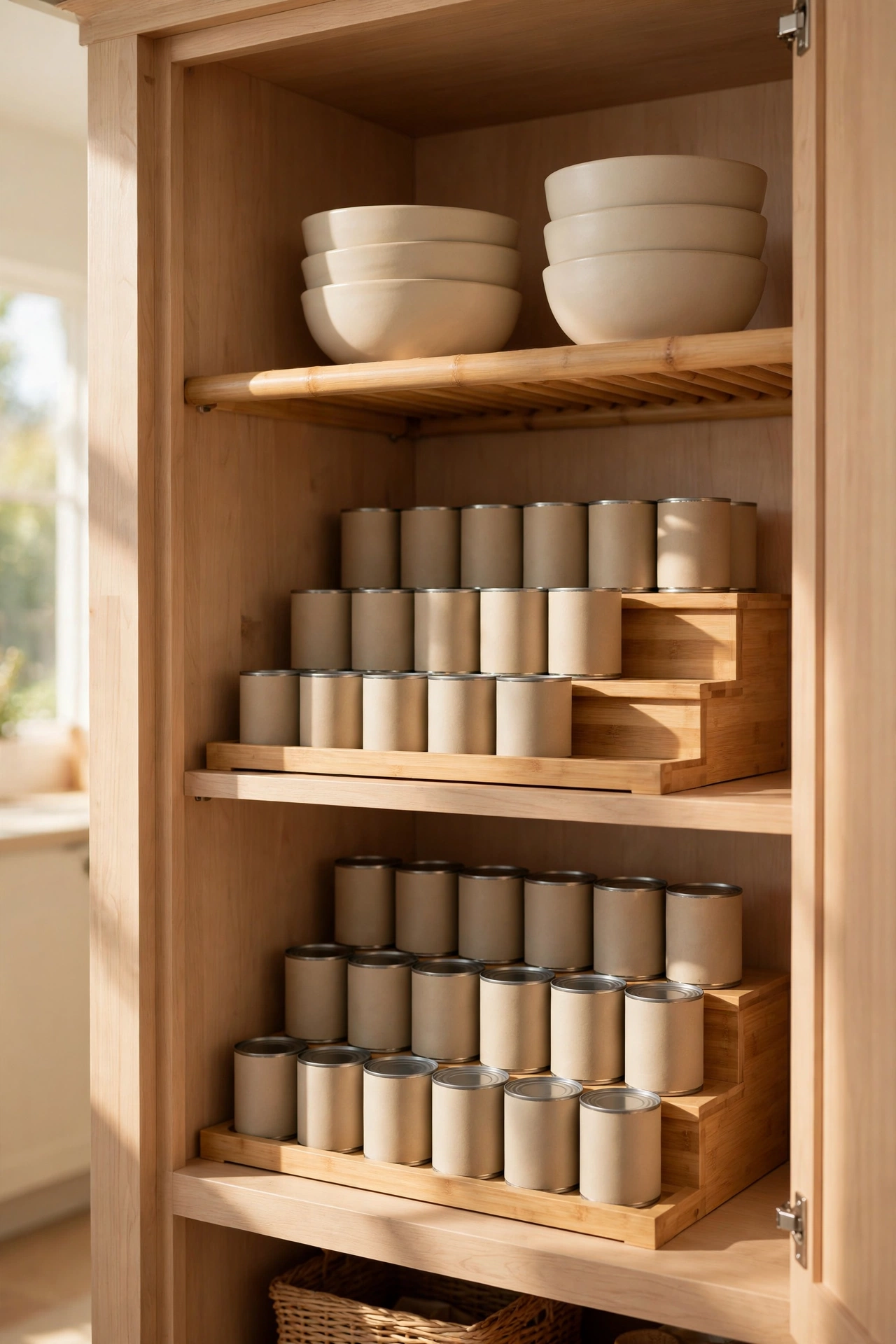 Pantry shelves with bamboo risers doubling storage space for cans and jars