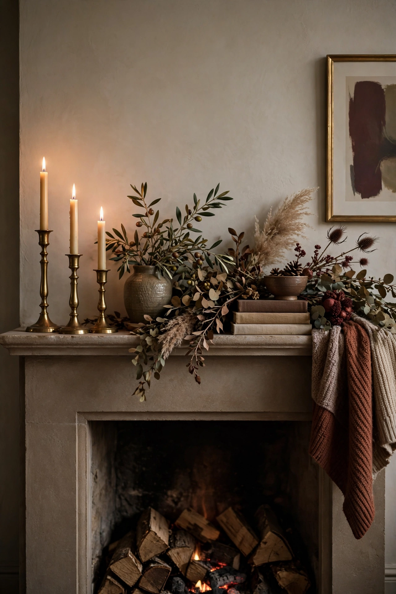 Trio of brass candlesticks in graduated heights with lit tapers on a fall mantel.