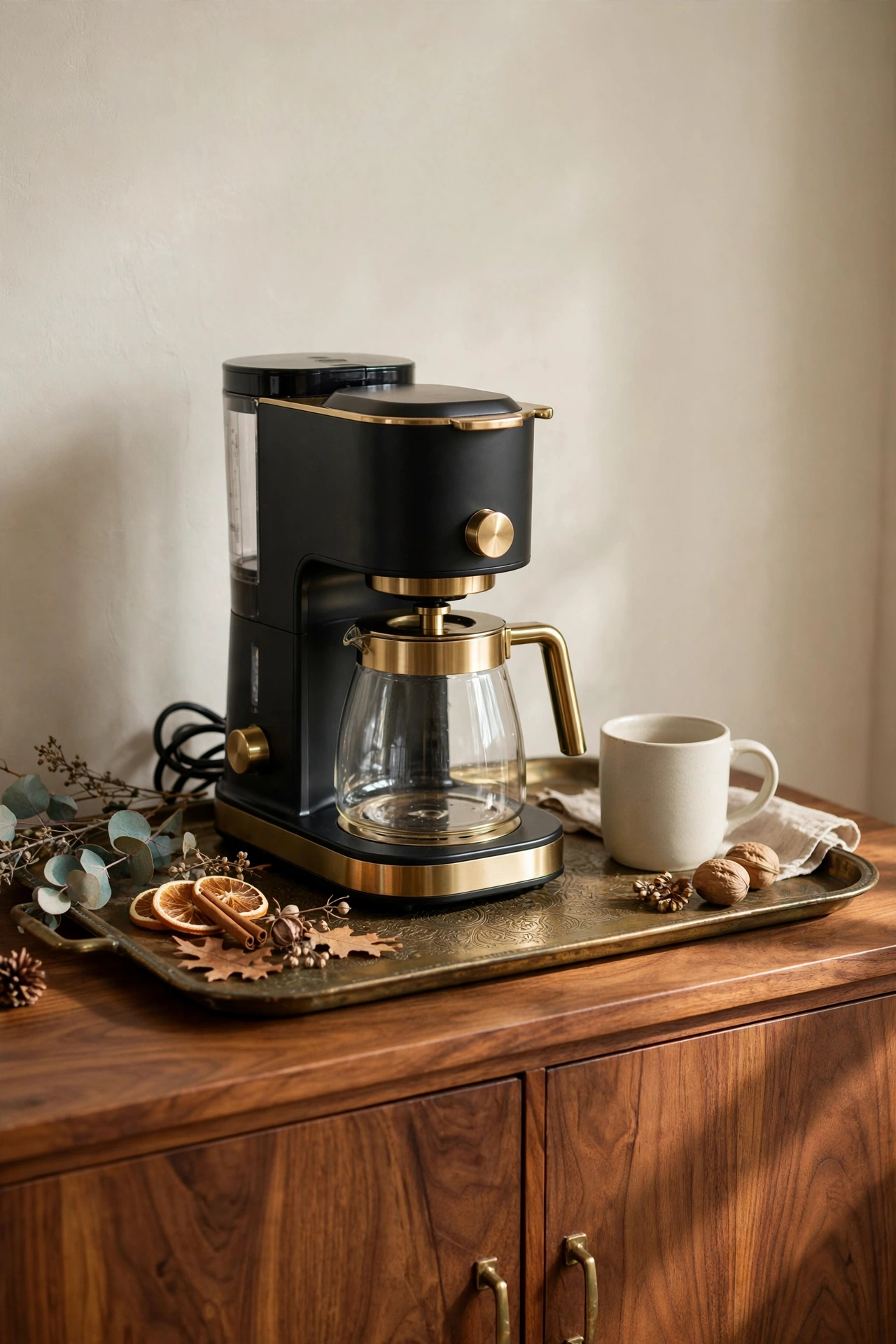 Coffee maker styled on a brass tray with the cord tucked away in a cozy coffee corner.