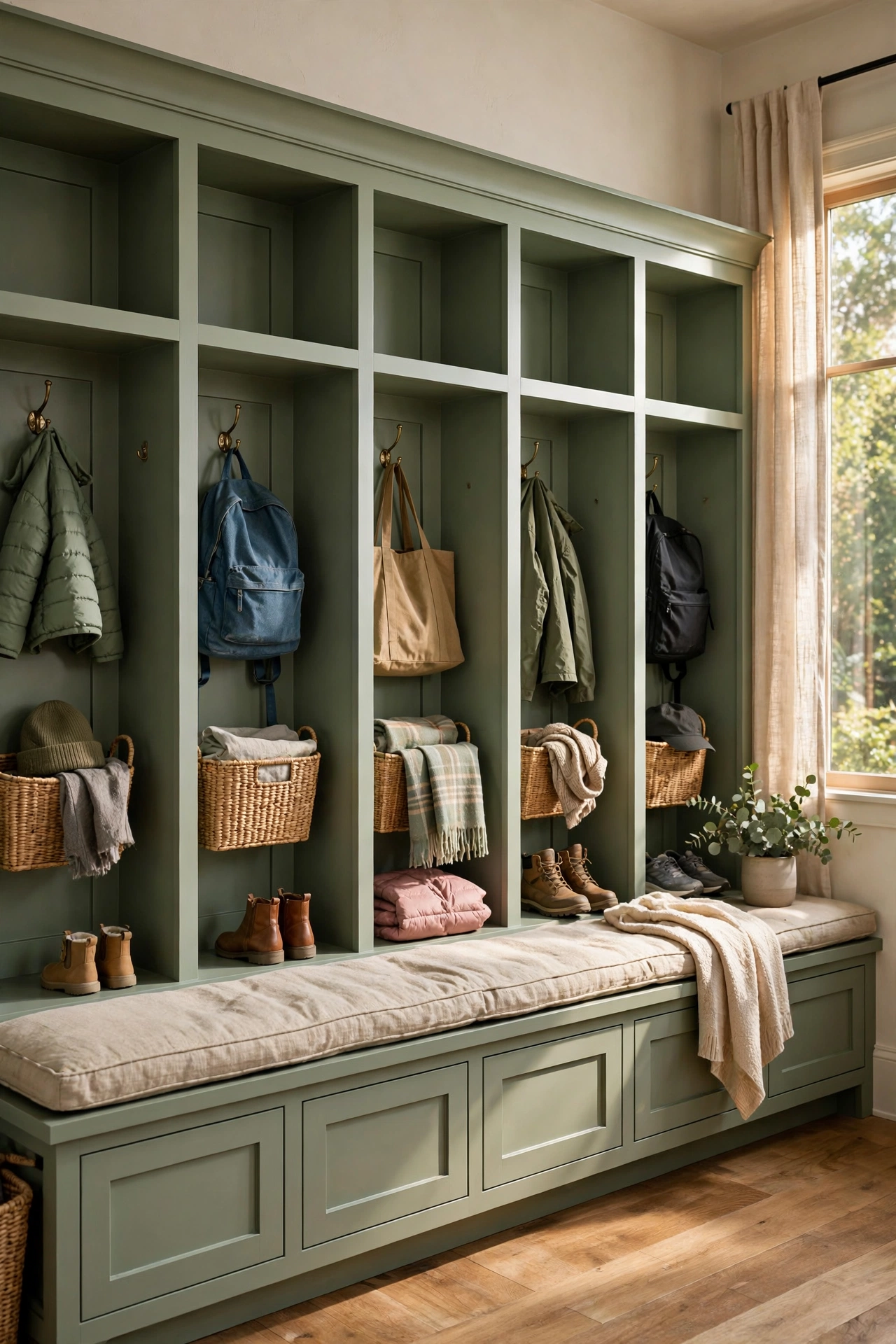Built in mudroom cubbies labeled per family member with bins and hooks