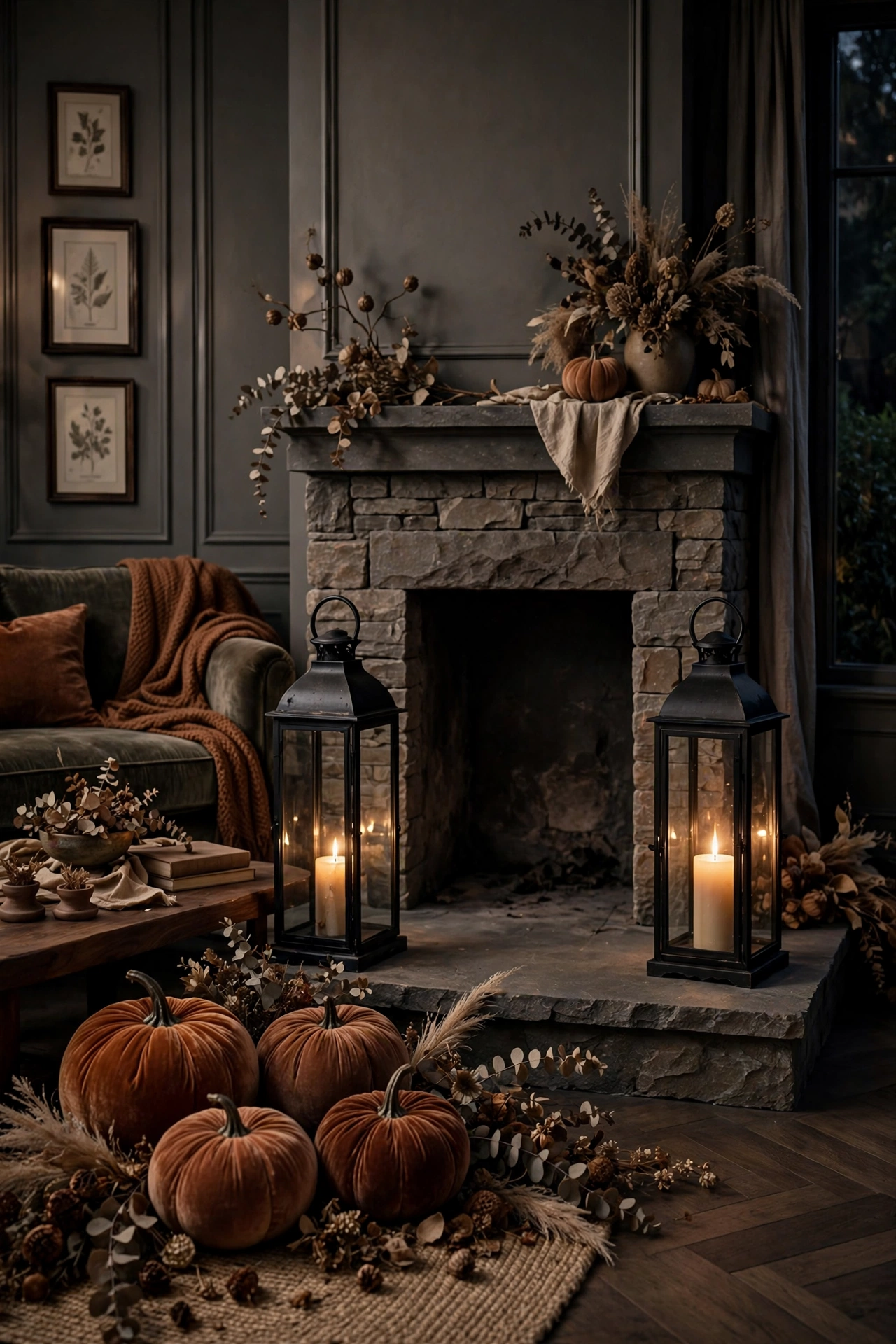 Two black metal lanterns with lit candles flanking a fireplace in a moody living room.