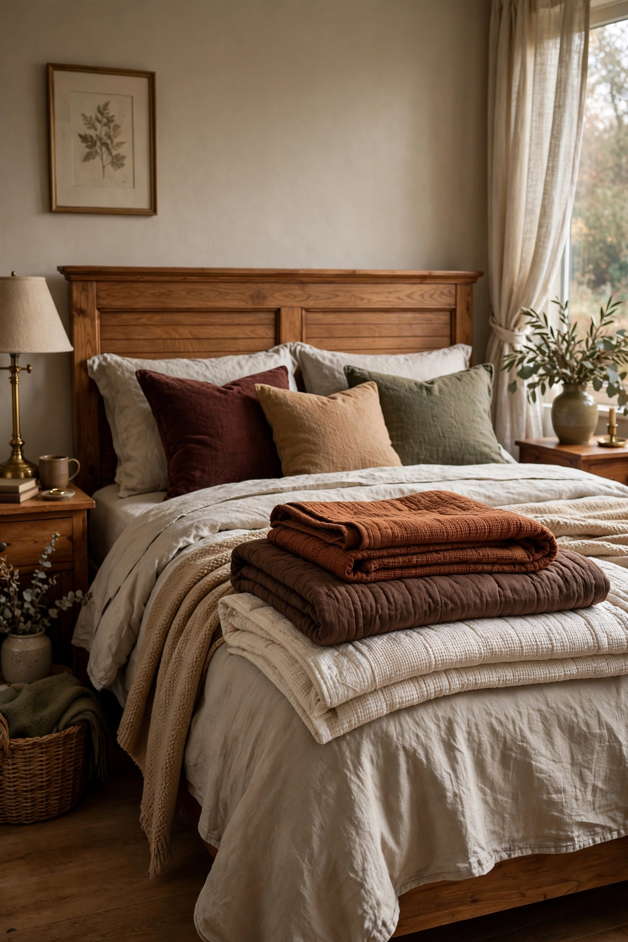 Quilts and coverlets in rust, cream, and chocolate folded neatly at the foot of a bed.