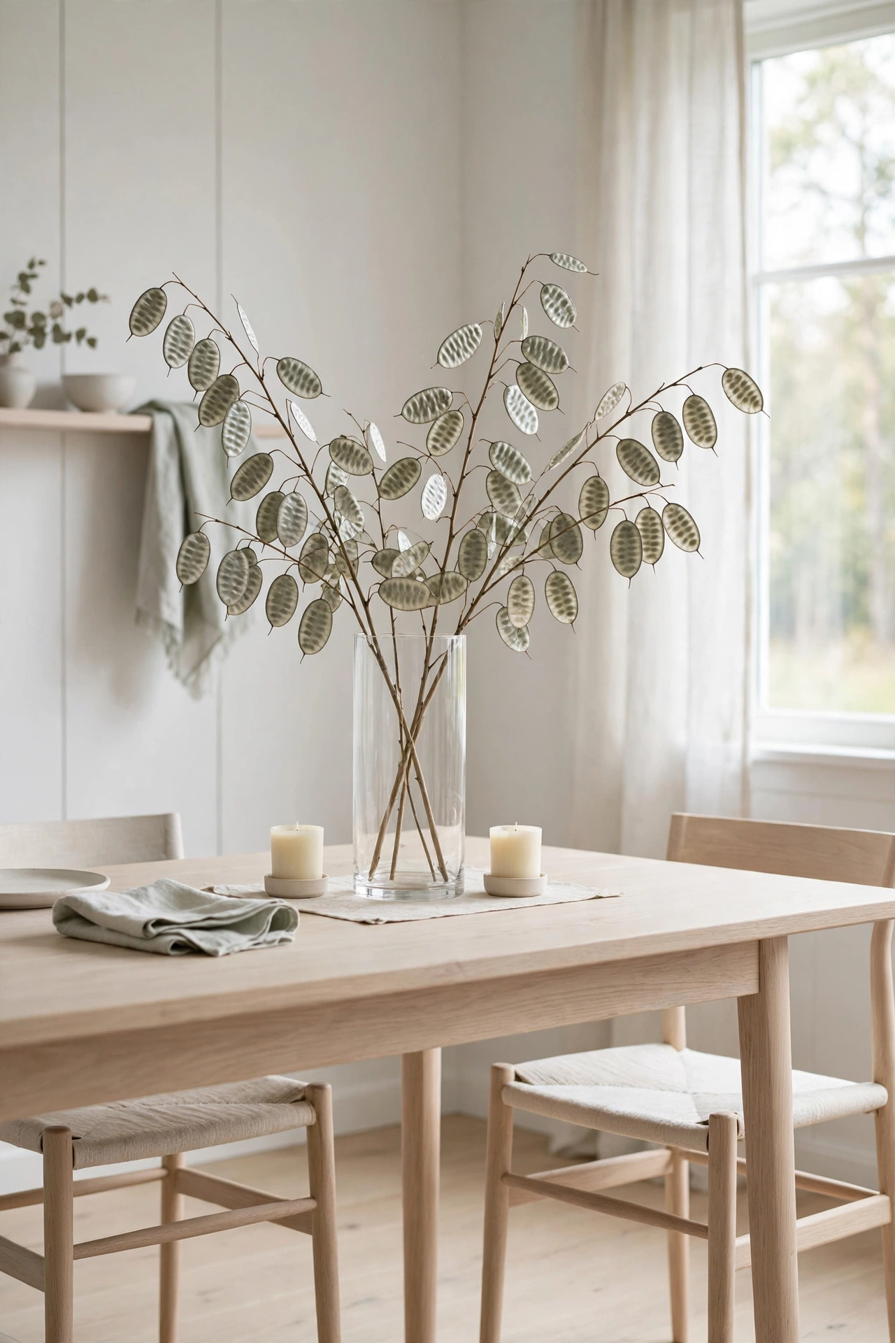 Scandinavian minimalist dining room with a pale oak table and a tall clear glass vase of silvery lunaria branches as the Thanksgiving centerpiece.