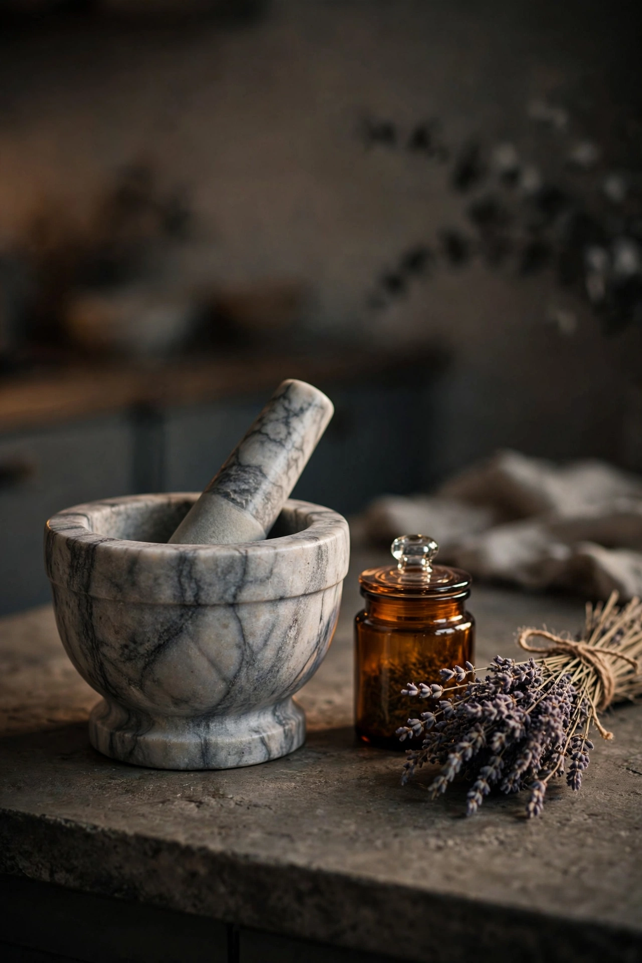 A heavy marble mortar and pestle beside a small amber jar and dried lavender on a kitchen counter.