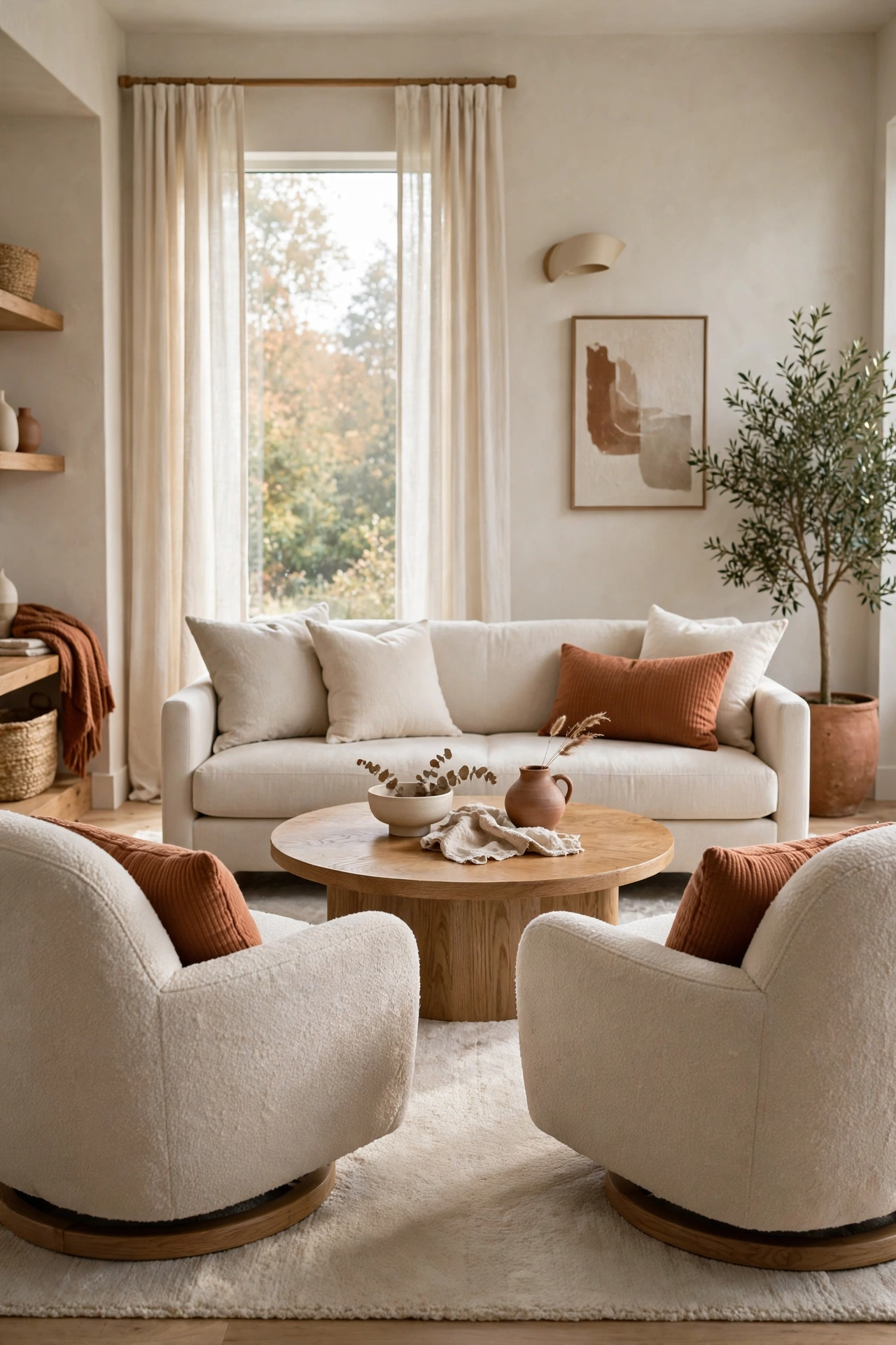 Pair of oatmeal boucle swivel chairs around a round oak coffee table with rust lumbar pillows.