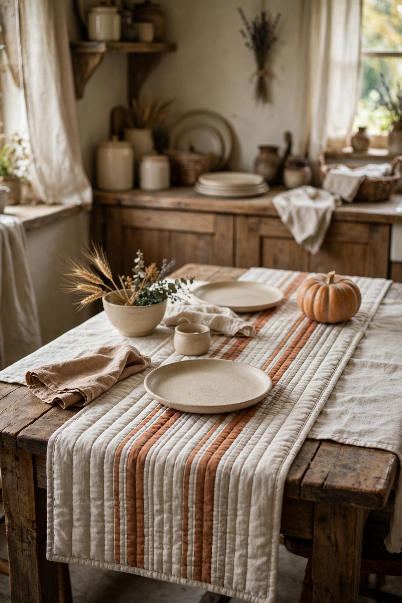 Cozy cottage kitchen dining table with a quilted striped runner in oatmeal and rust down the center.