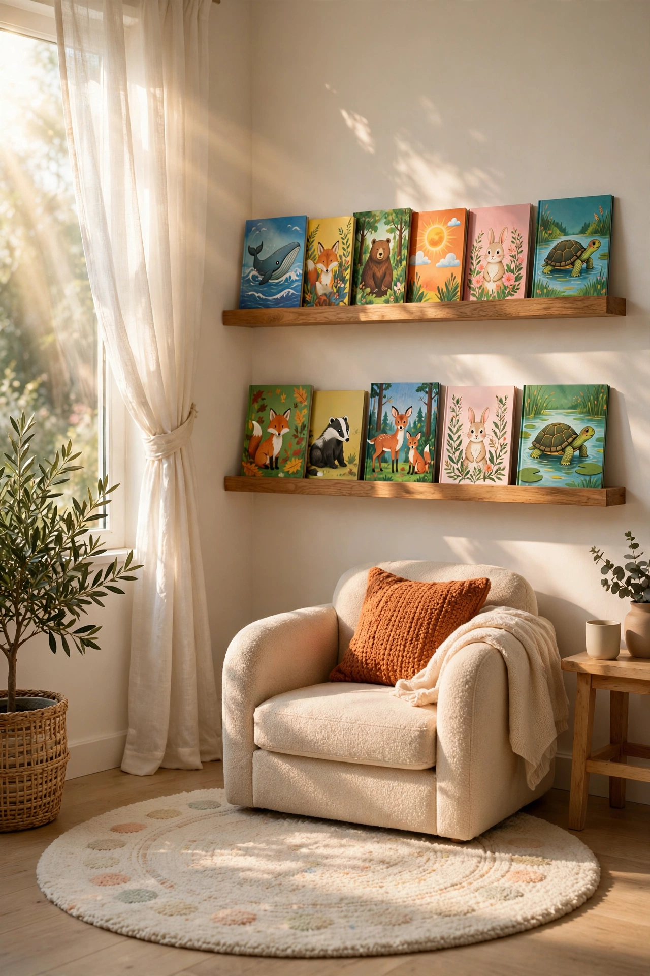 Sunlit bedroom corner reading nook with forward-facing book ledges, a small armchair, and a soft rug.