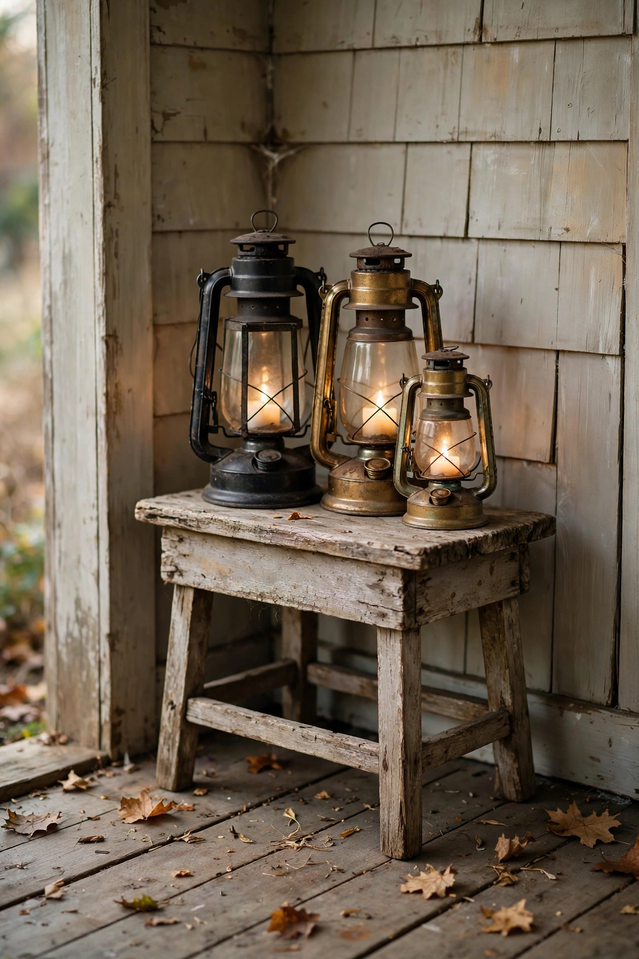 Vintage wooden garden stool in a farmhouse porch corner topped with a cluster of glowing lanterns in mixed finishes.