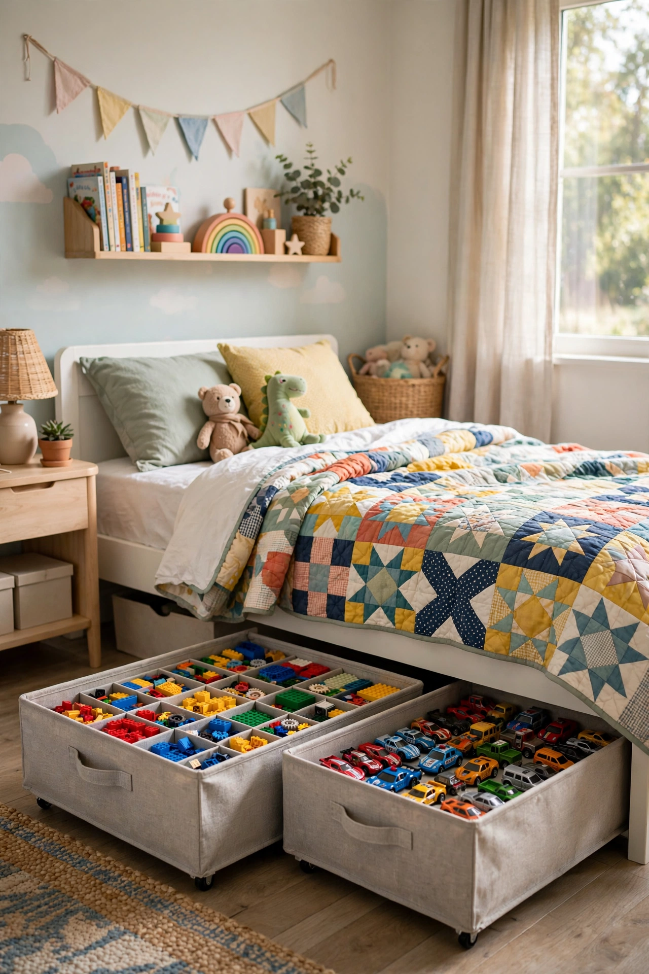 Kids bedroom with a white twin bed and fabric rolling under-bed drawers pulled out showing organized LEGO and toy cars.