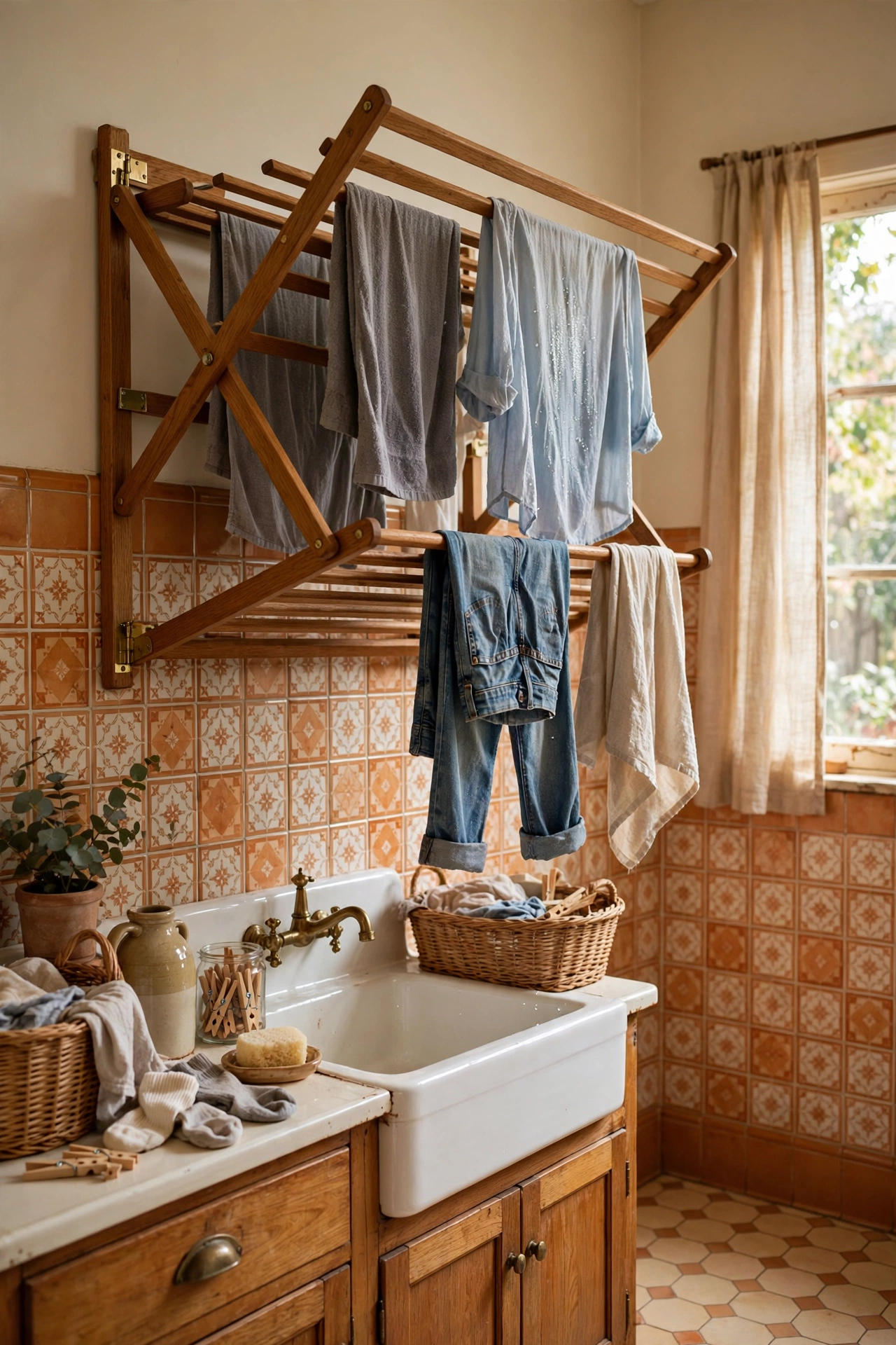 Black wall mounted fold down drying rack with seven rods holding damp clothes flat against a wall