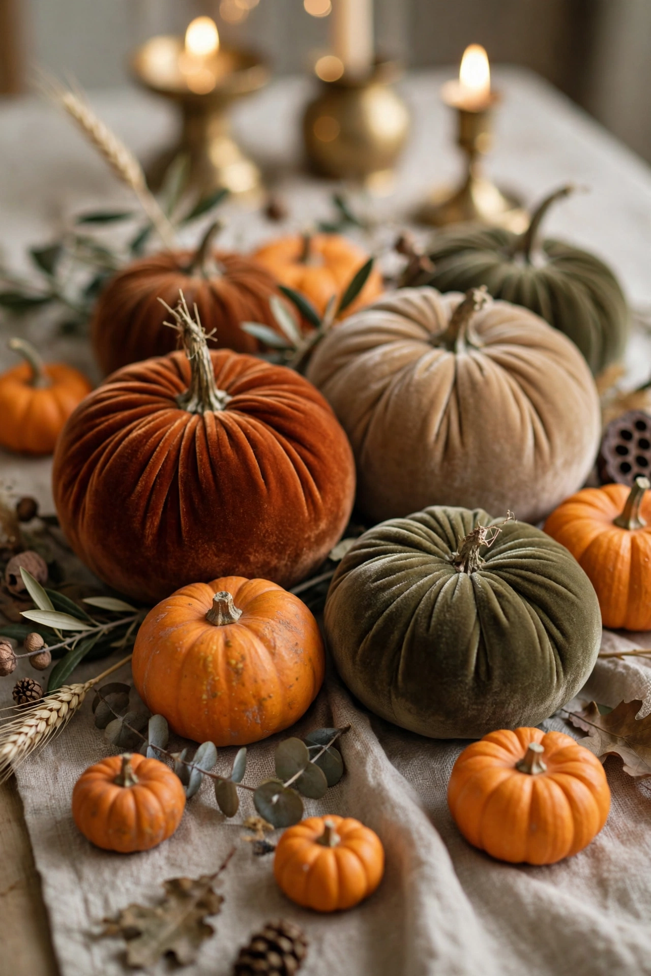 Velvet pumpkins mixed with real mini pumpkins on a linen runner