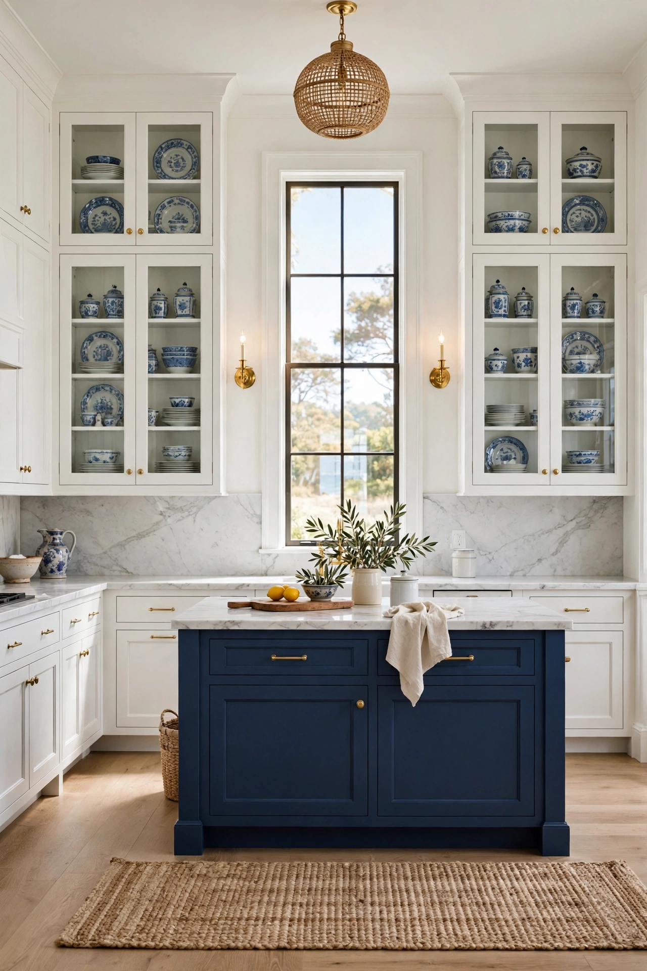 Navy blue kitchen island with white glass front display cabinets and a tall ocean view window.