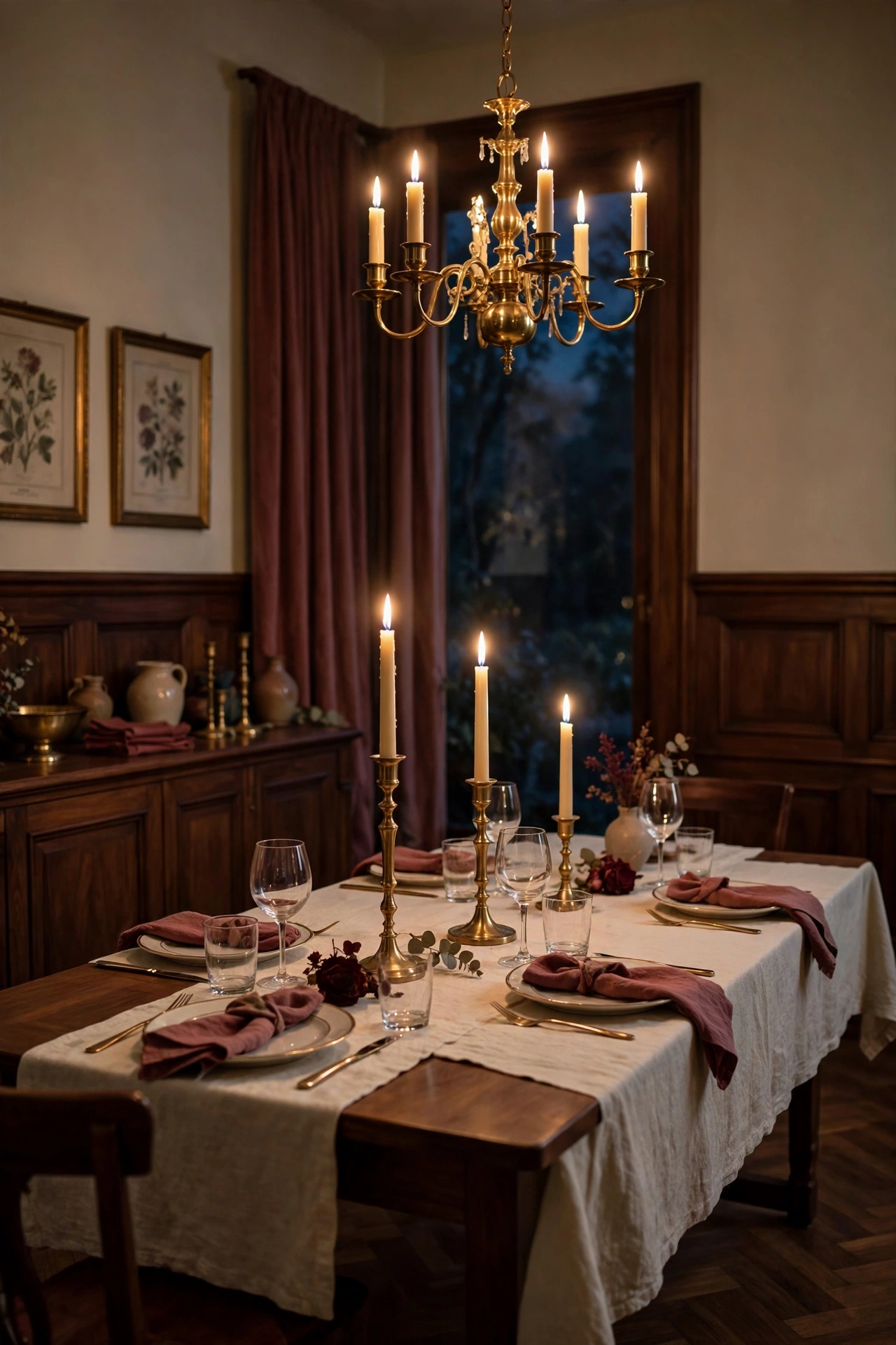Elegant traditional dining room with brass taper candlesticks at three heights glowing down the table.