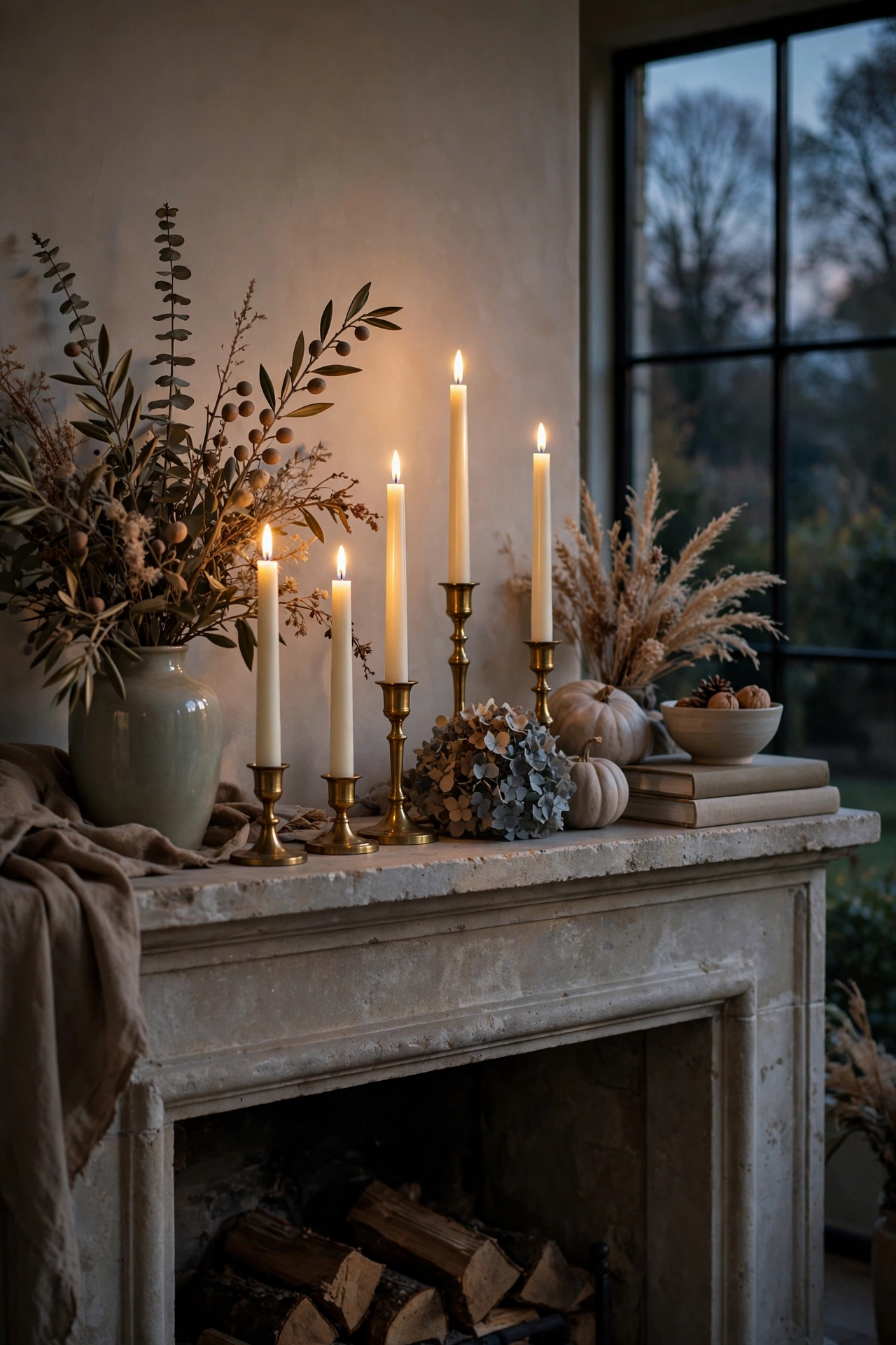 Ivory flameless taper candles glowing in brass holders on a fall mantel at dusk.