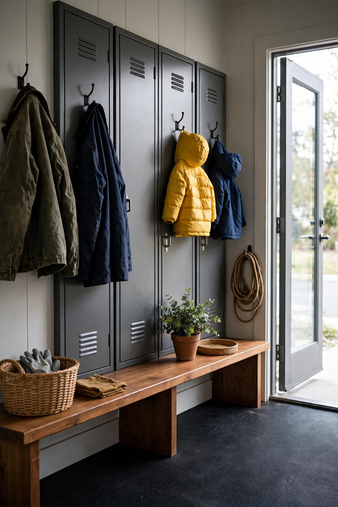 Garage entry mudroom with metal lockers and rubber mat flooring