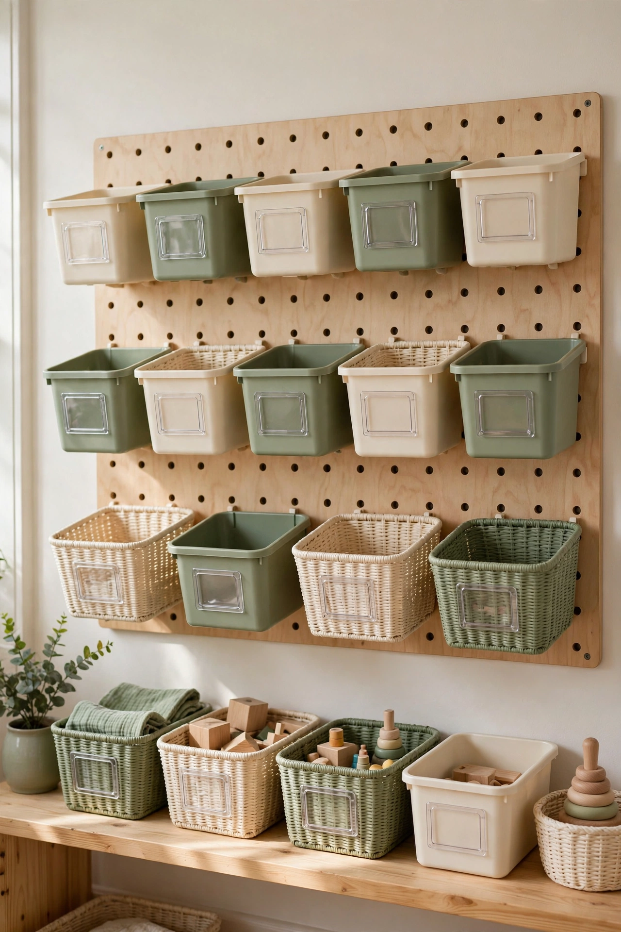 Playroom wall with a pegboard of labeled bins and baskets in cream and sage.