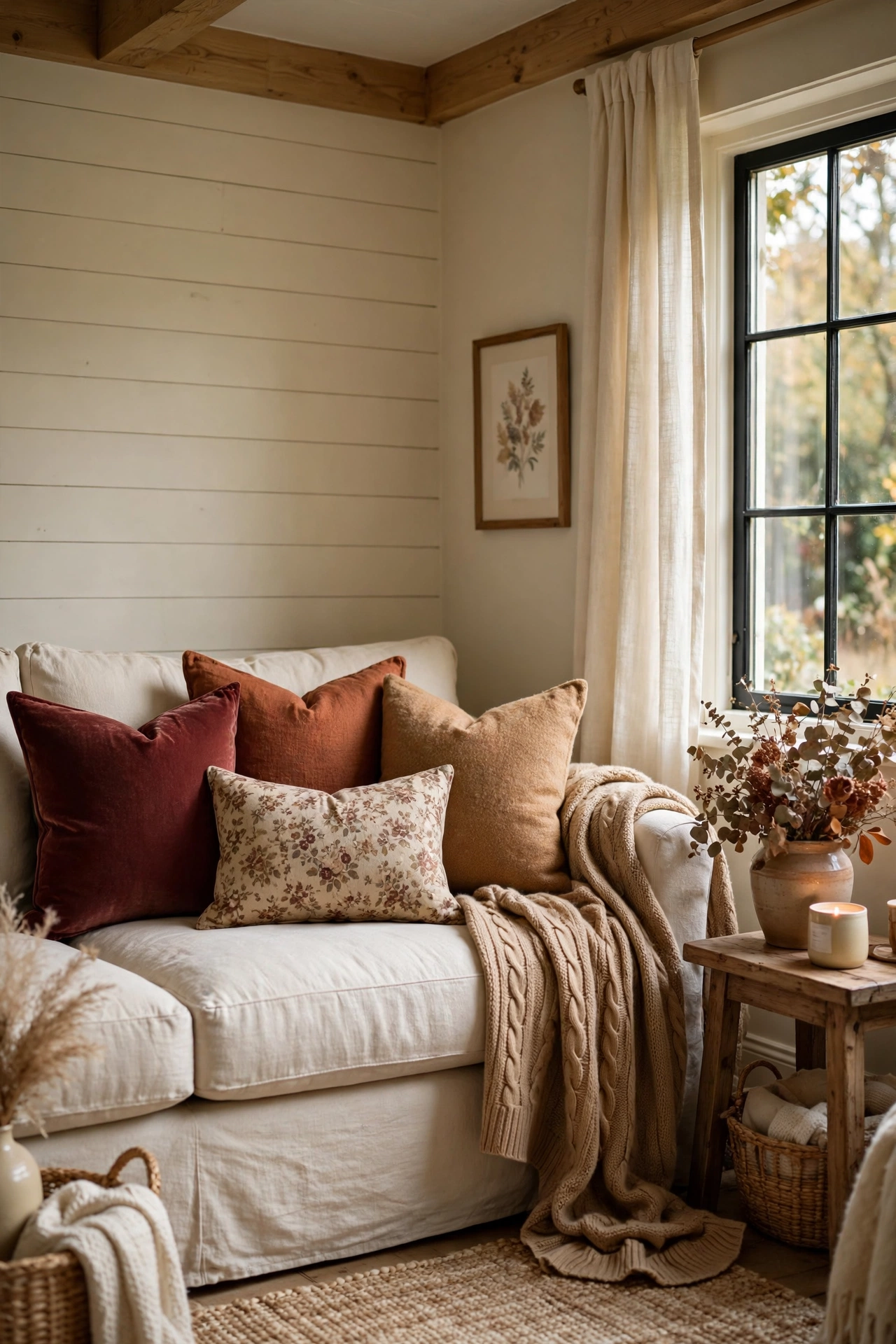 Cream linen sofa layered with burgundy velvet, rust linen, camel wool, and floral throw pillows.