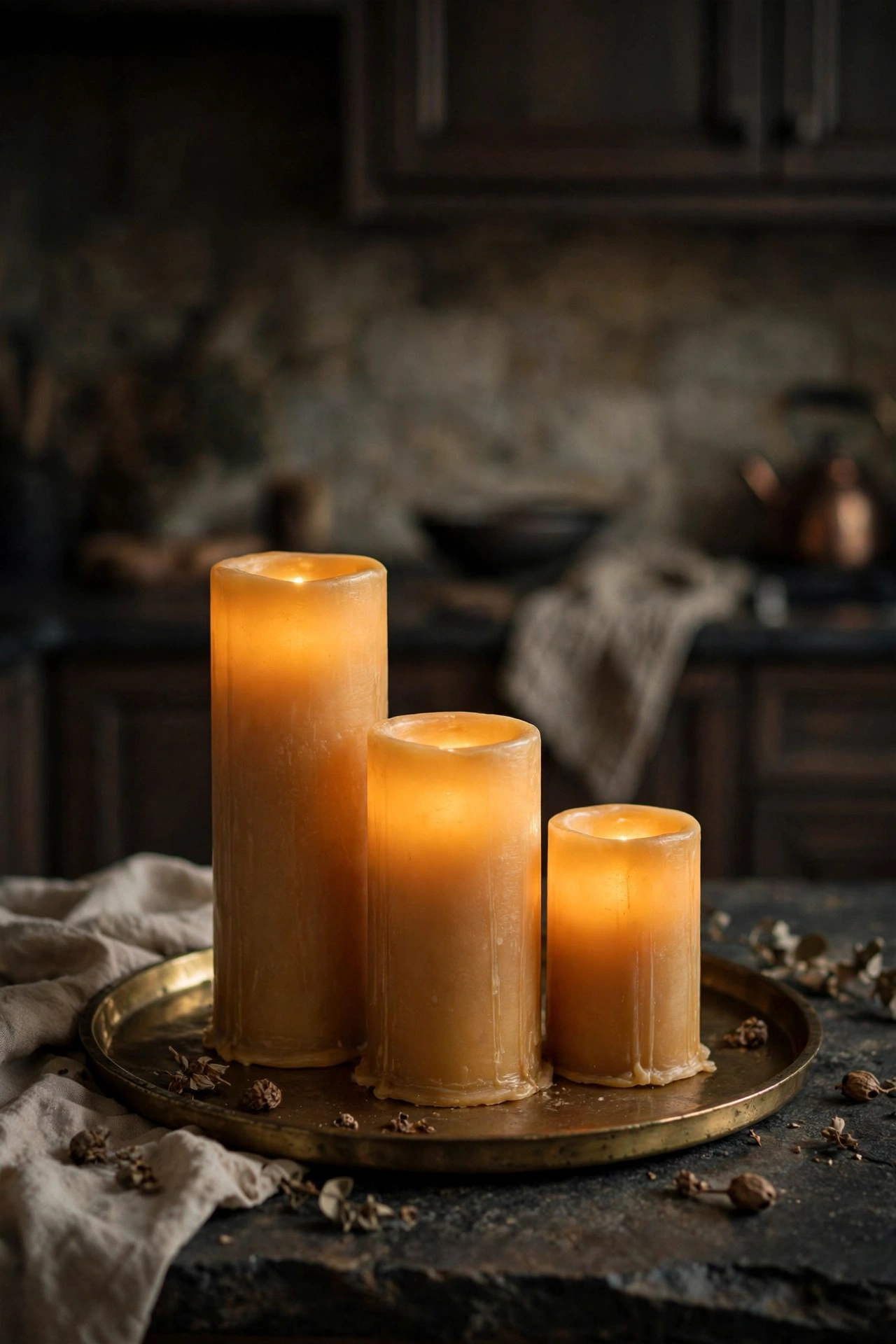 Amber toned flameless pillar candles of different heights grouped on a brass tray in a dim kitchen.
