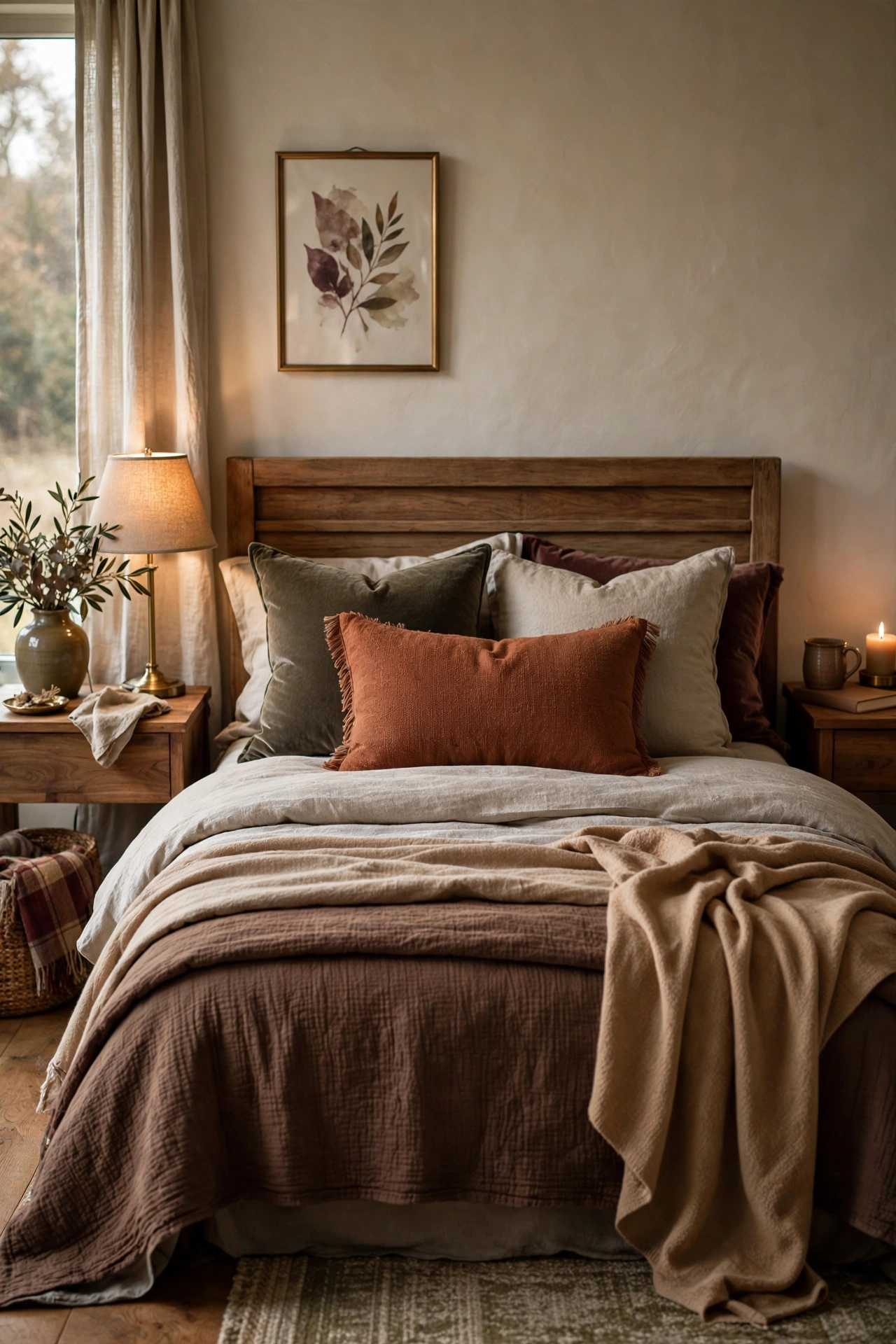 Rust lumbar pillow with subtle fringe centered on layered oatmeal and chocolate bedding.