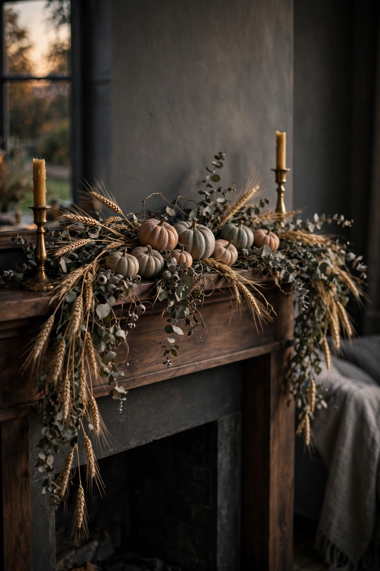 Dried wheat and eucalyptus garland draped loosely across a fireplace mantel.