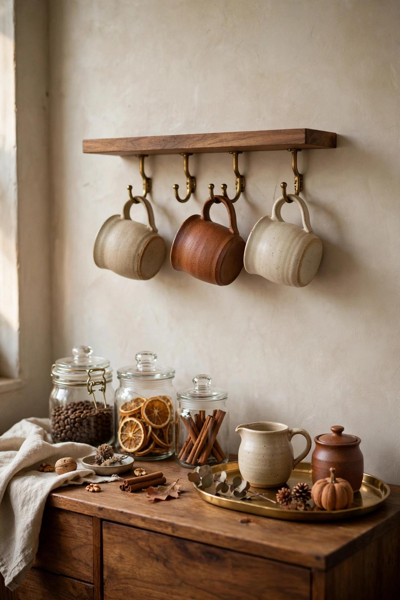 Cream and rust stoneware mugs hanging from brass hooks under a small floating shelf.
