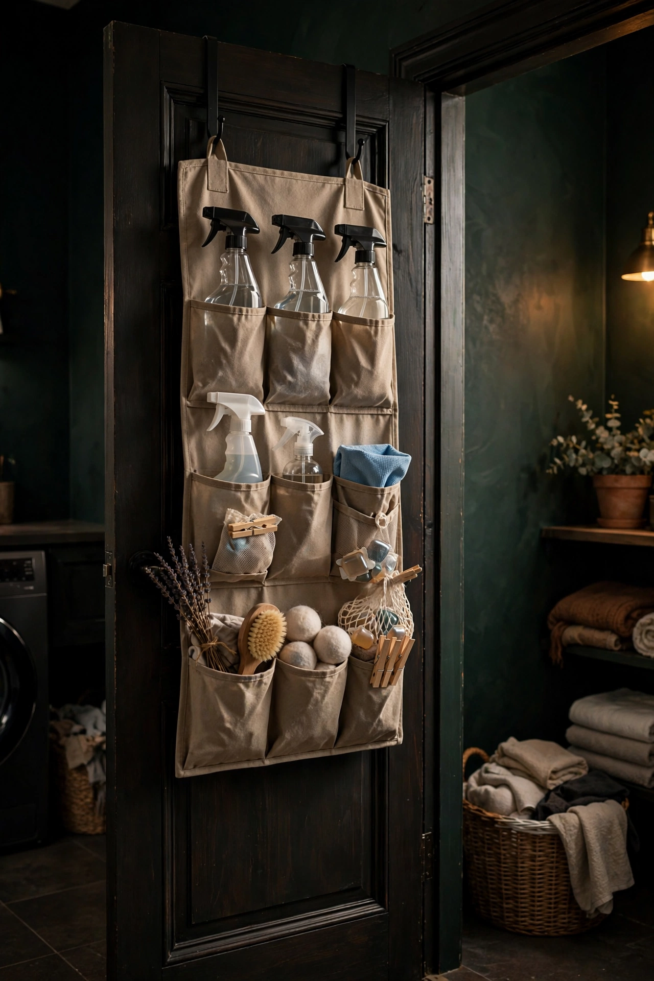 Over the door organizer with clear pockets holding dryer sheets, stain sticks, and laundry pods