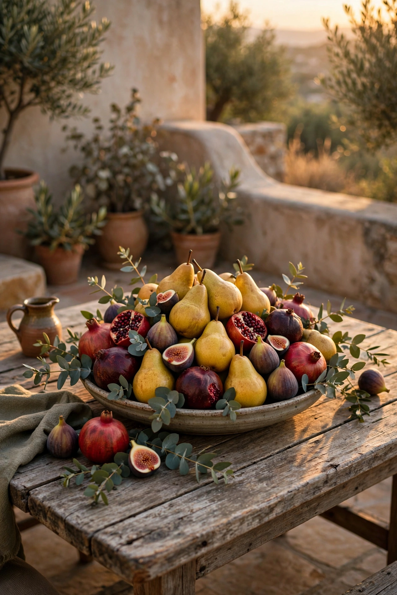 Mediterranean style dining room with a dark walnut table and a wide shallow bowl heaped with pears and pomegranates as the Thanksgiving centerpiece.