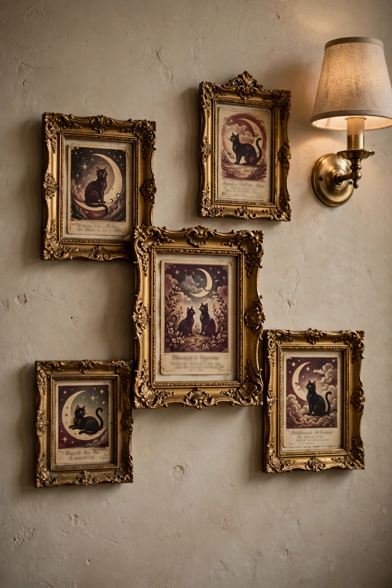 Vintage Halloween postcards arranged in thrifted gold frames on a gallery wall.