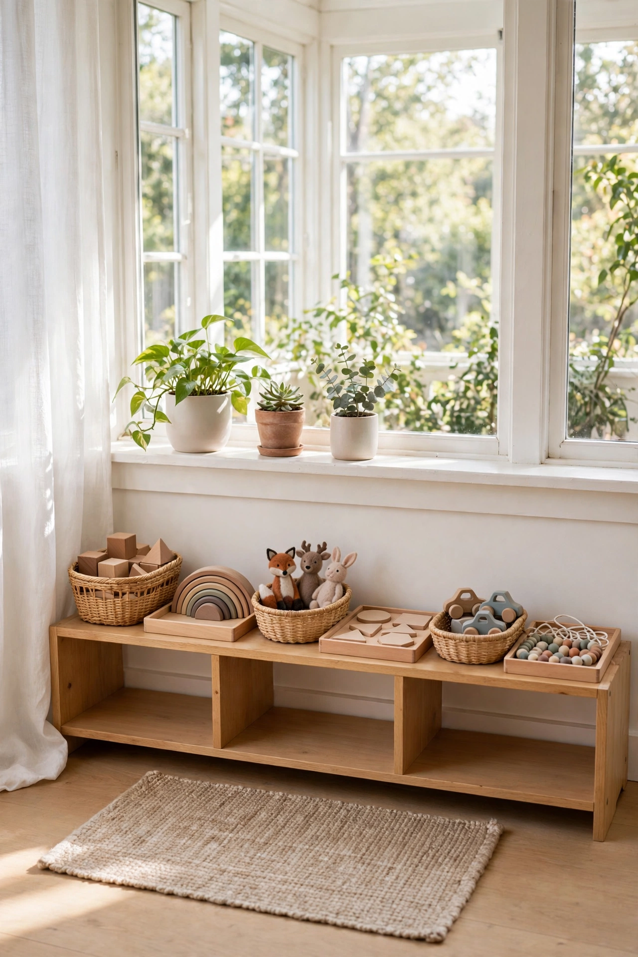 Sunroom play corner with a low wooden open shelf holding a small curated rotation of toys in baskets and trays.
