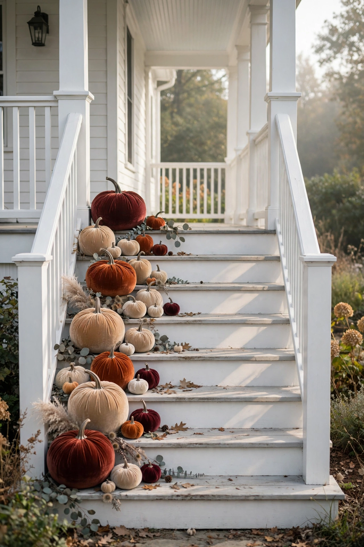 Porch steps scattered with velvet pumpkins in rust, camel, oatmeal and burgundy in mixed sizes.