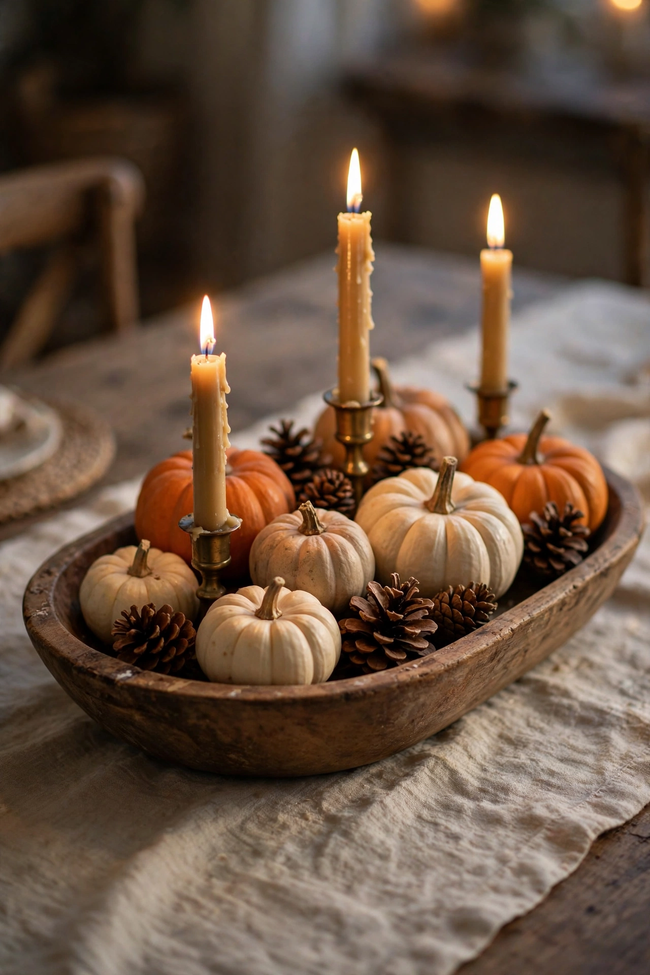 Pumpkin and candle centerpiece in a wooden dough bowl