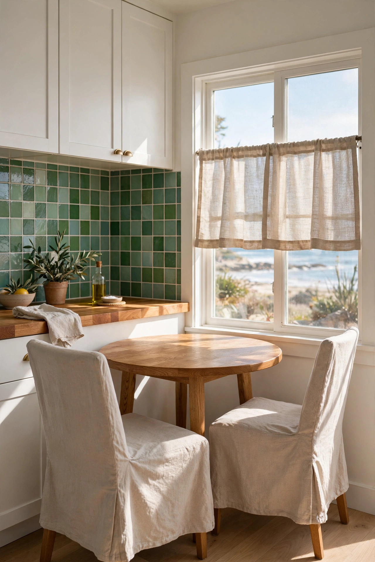 Sea glass green breakfast kitchen with handmade green tile backsplash and slipcovered chairs.