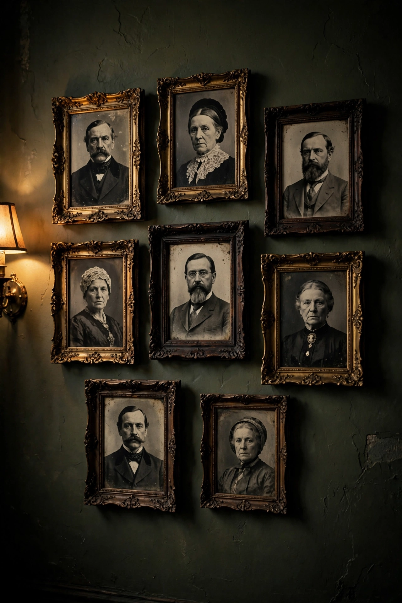 Gallery wall of faux ancestor portraits in ornate gold frames above a dark console.