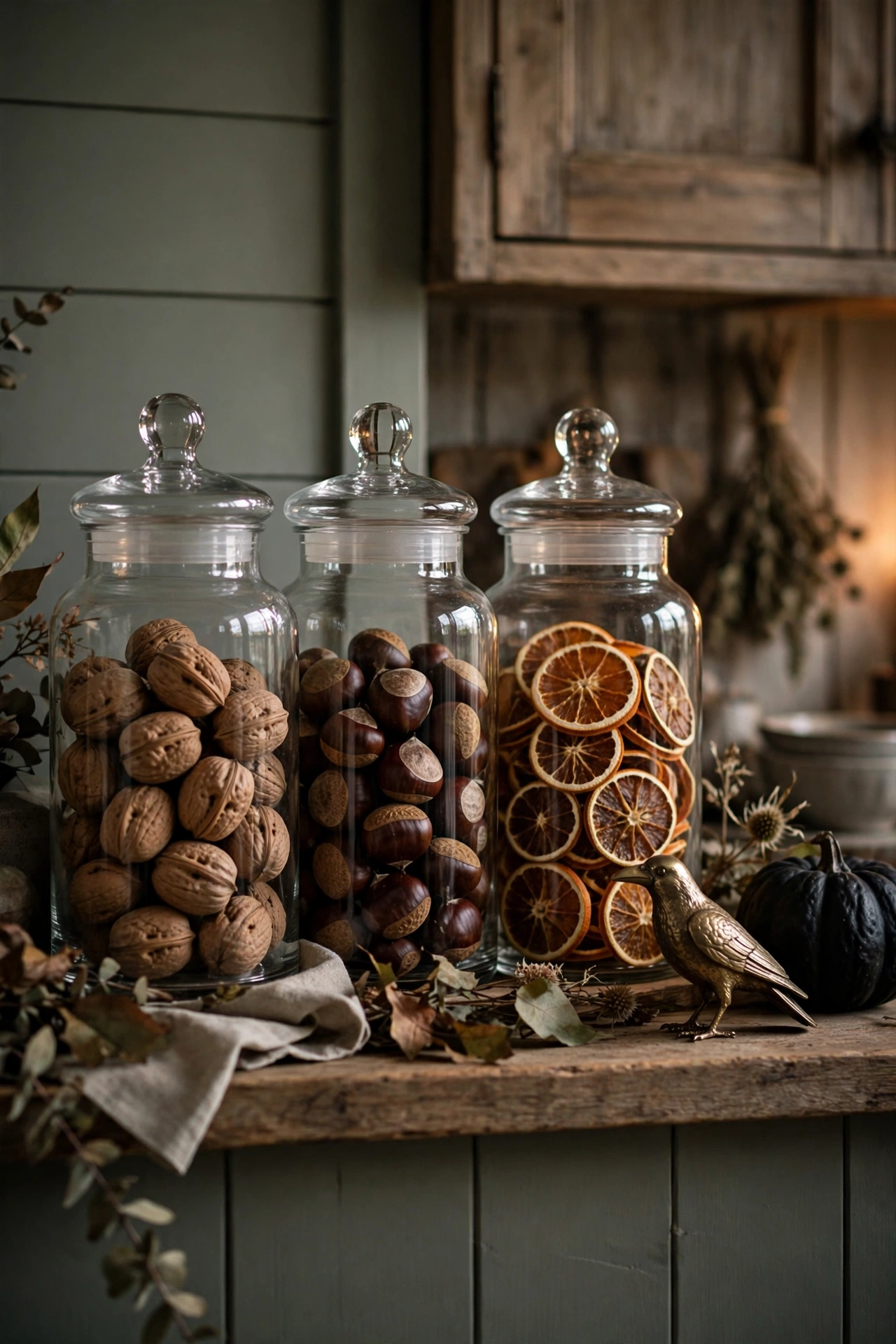 Glass apothecary jars filled with walnuts, chestnuts and dried orange slices on a shelf.