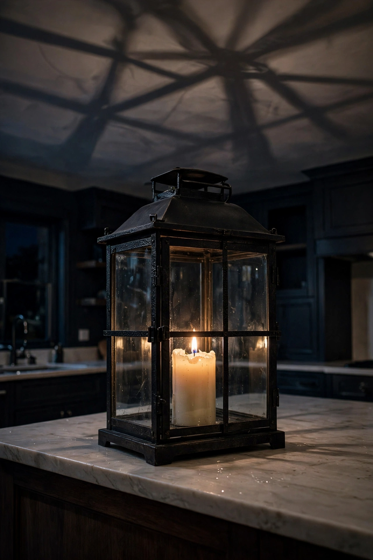A large black metal lantern with a flickering candle glowing on a kitchen island at night.