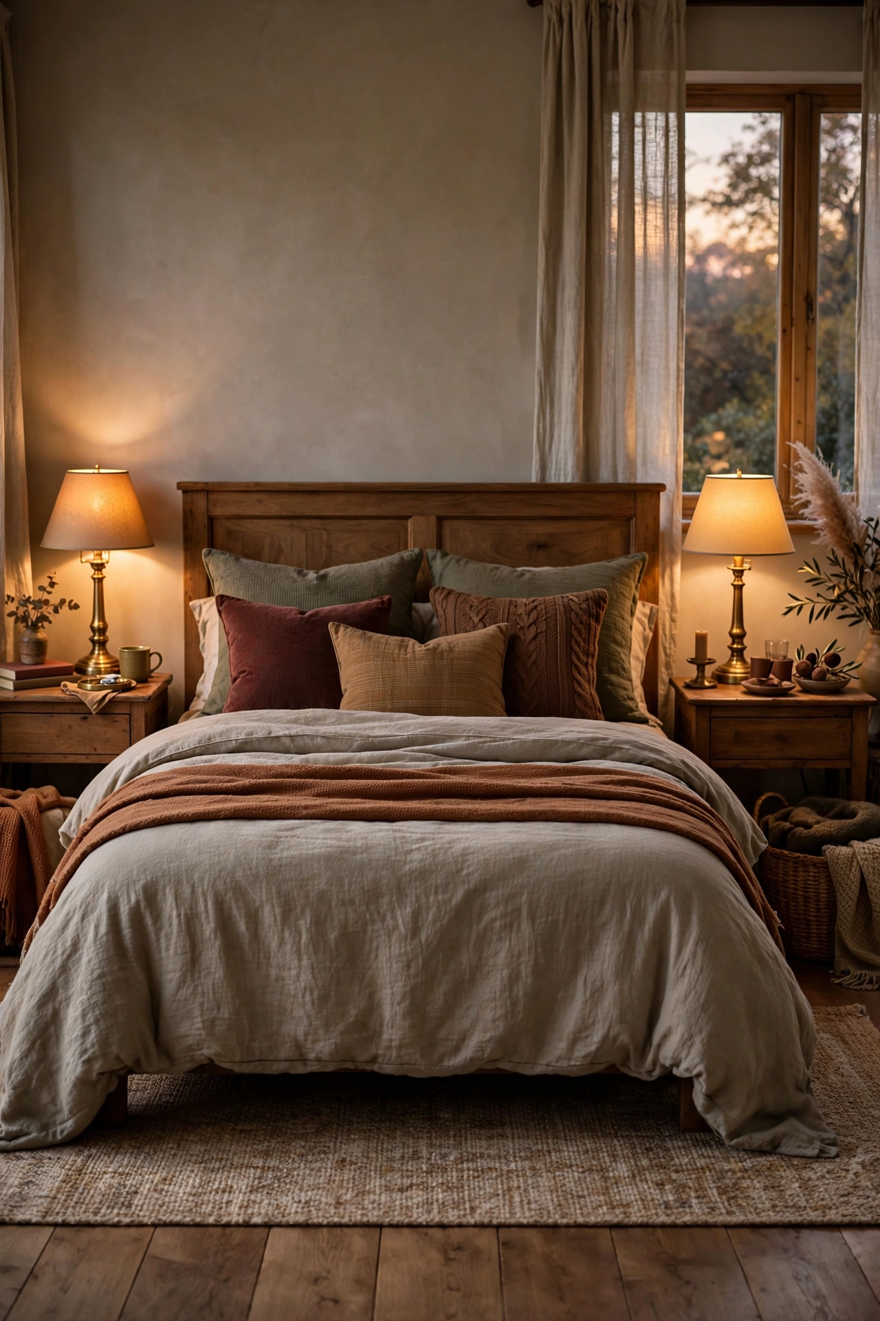 Pair of brass table lamps with glowing shades on wooden nightstands beside a cozy bed.