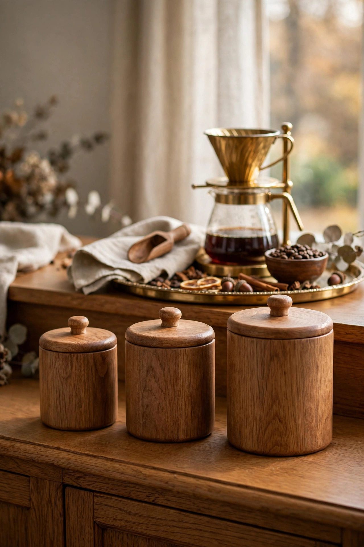 Three matching wood lidded canisters holding coffee beans, sugar, and tea bags.