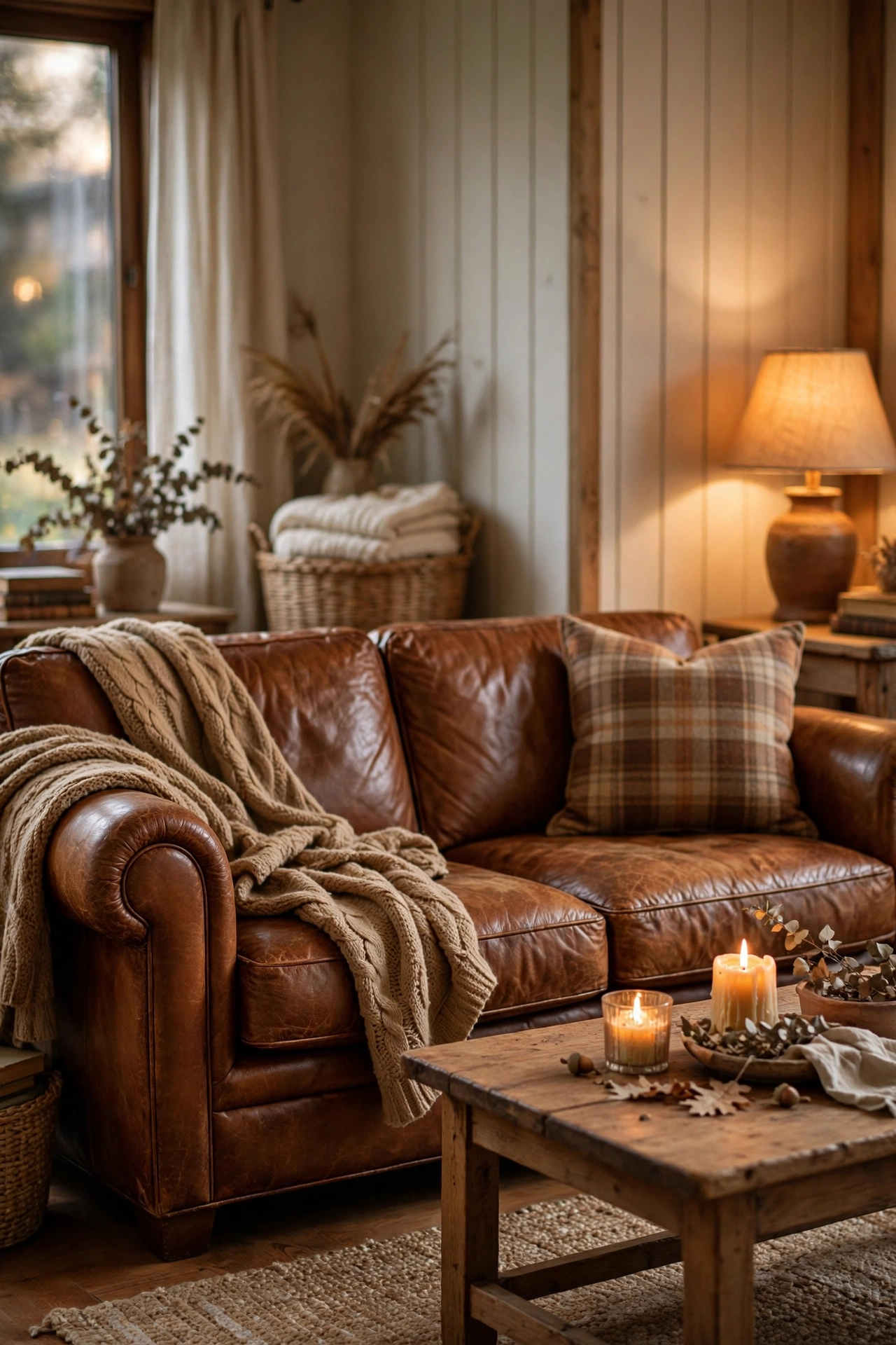 Chunky camel knit throw draped over the arm of a cognac leather sofa in a warm farmhouse living room.