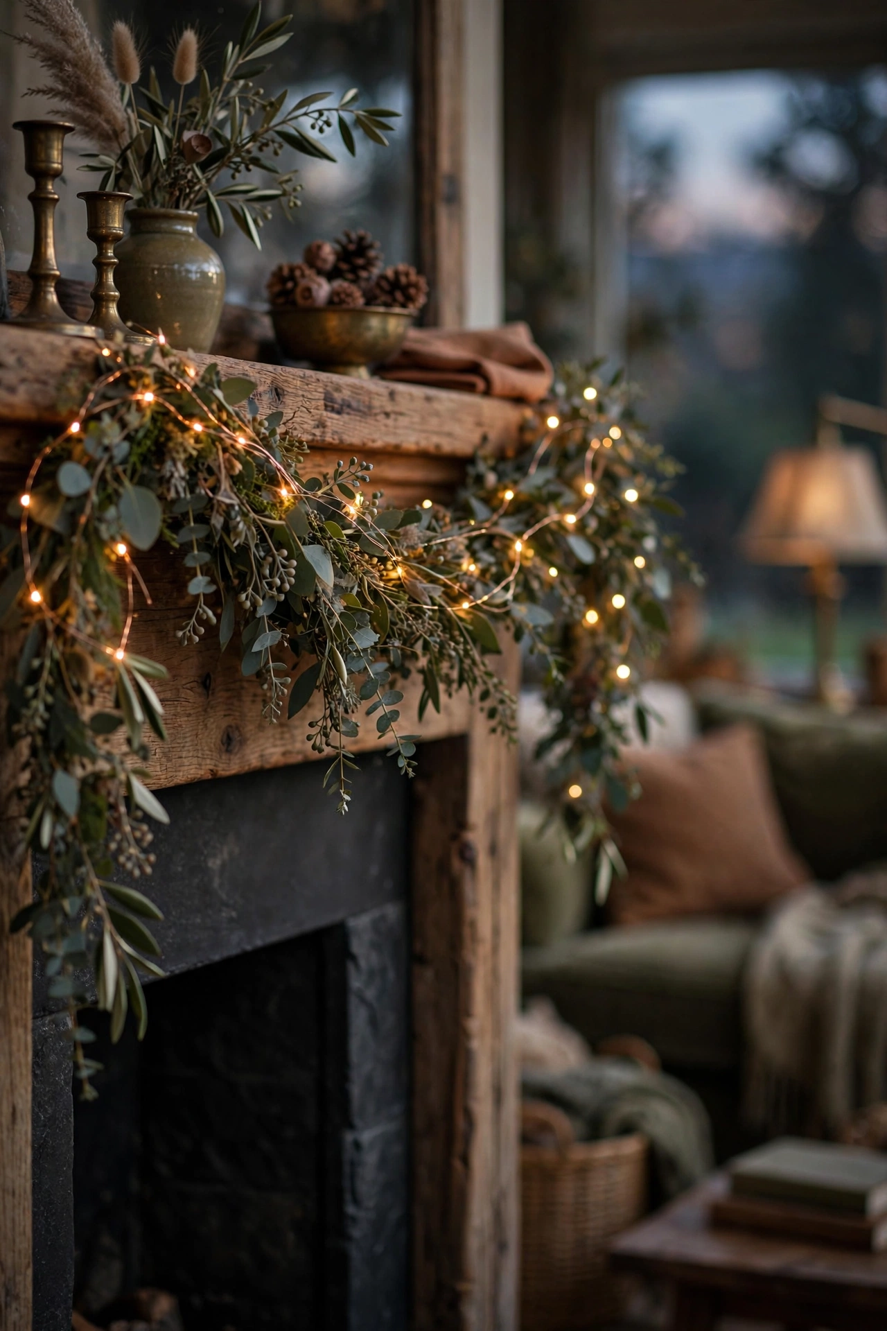 Warm white fairy lights woven through a dried garland glowing on a fall mantel at night.